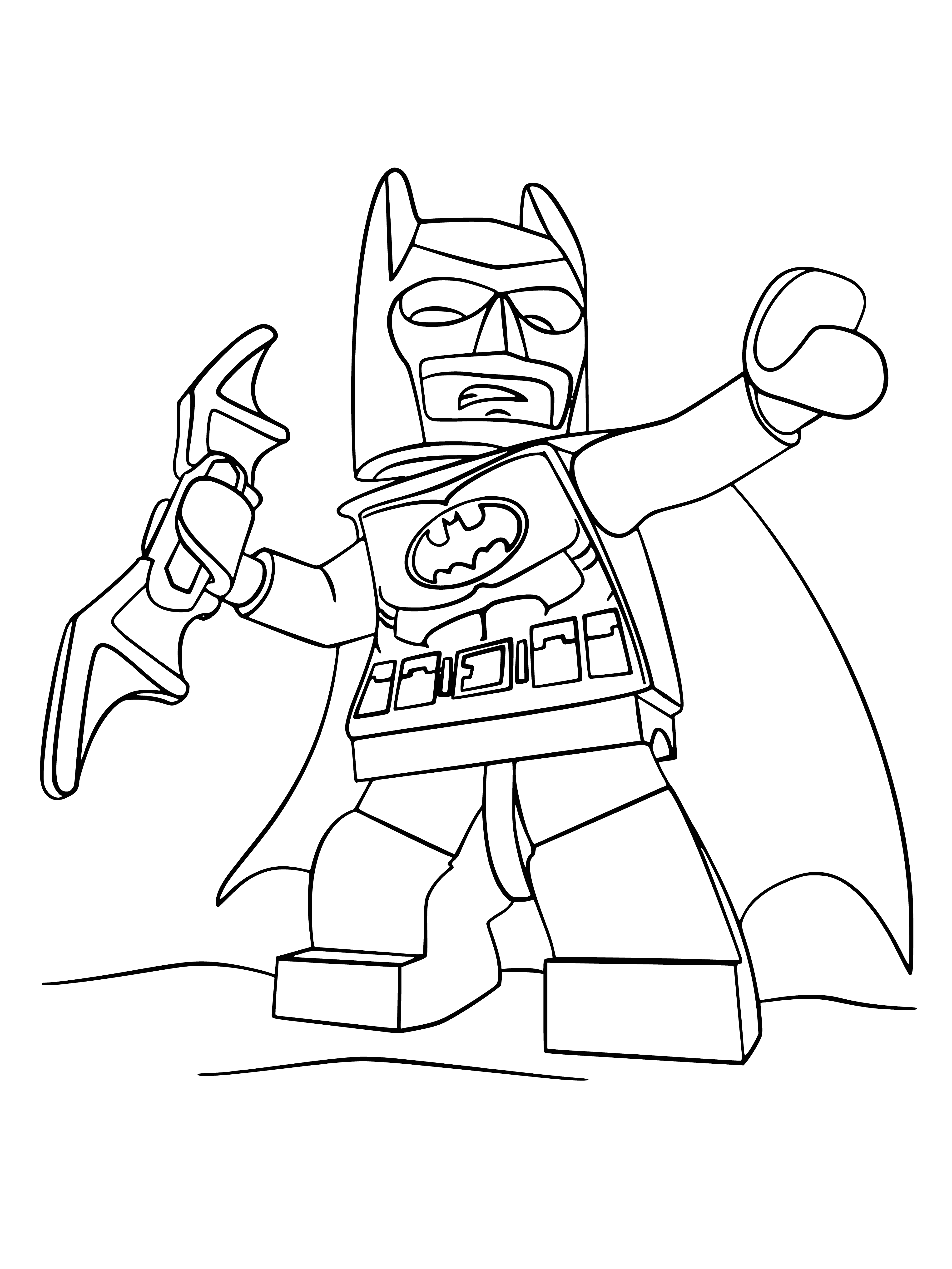 coloring page: LEGO Batman is a super-hero dressed in dark grey & black with yellow symbol, holding a batarang ready to bring justice!