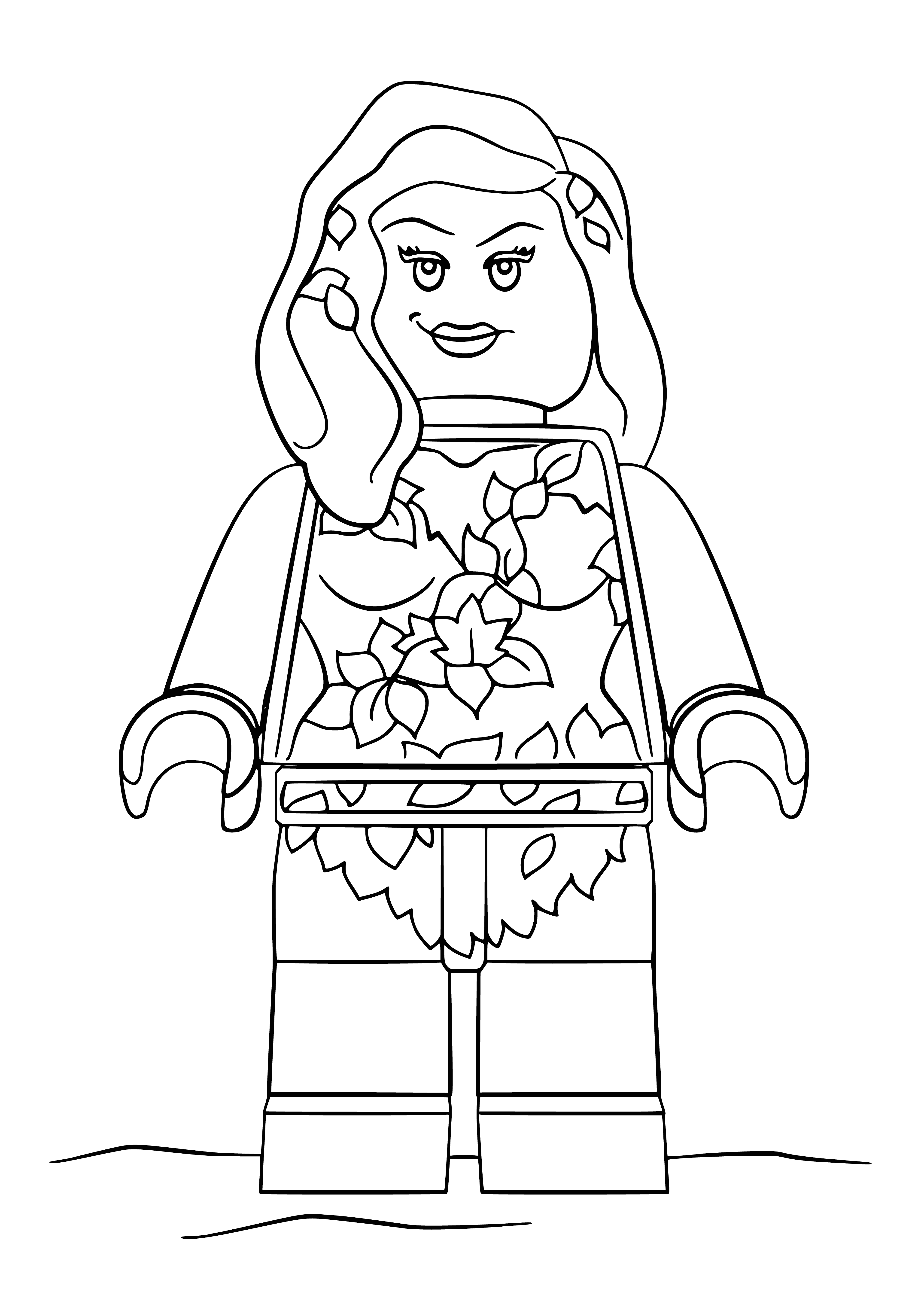 coloring page: LEGO Batman stands on green base, holding black batarang, with purple-flowered plant nearby, leaves green, stem purple. #LEGO