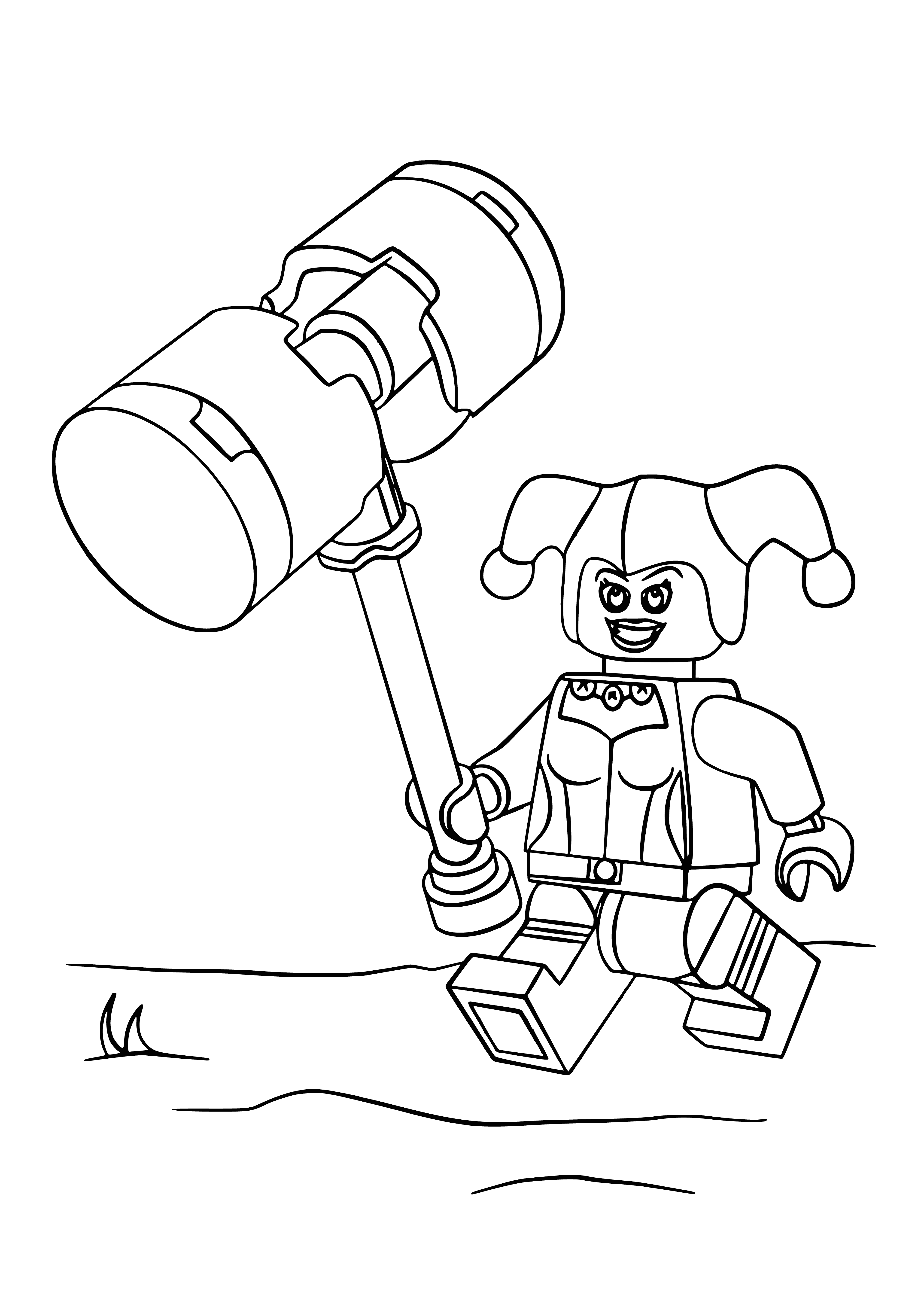 coloring page: Harley Quinn coloring page features her with blonde hair, blue and red armor, black and red gun with Batman in black, red, and yellow. #LEGOBatman