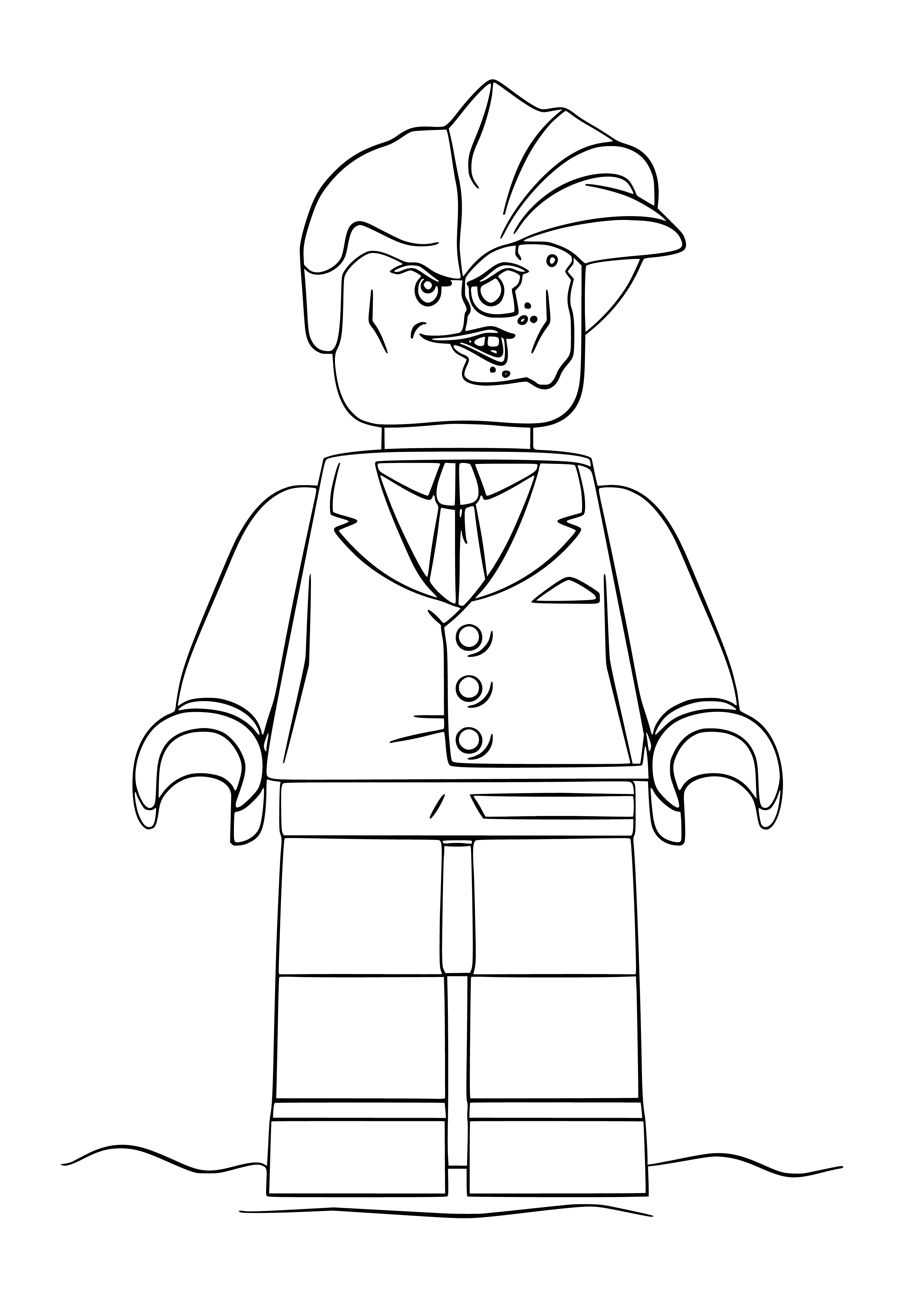 coloring page: LEGO Batman - Two-faced is a unique white/black figure with two interchangeable faces & holding batarangs. Great for imaginative play!