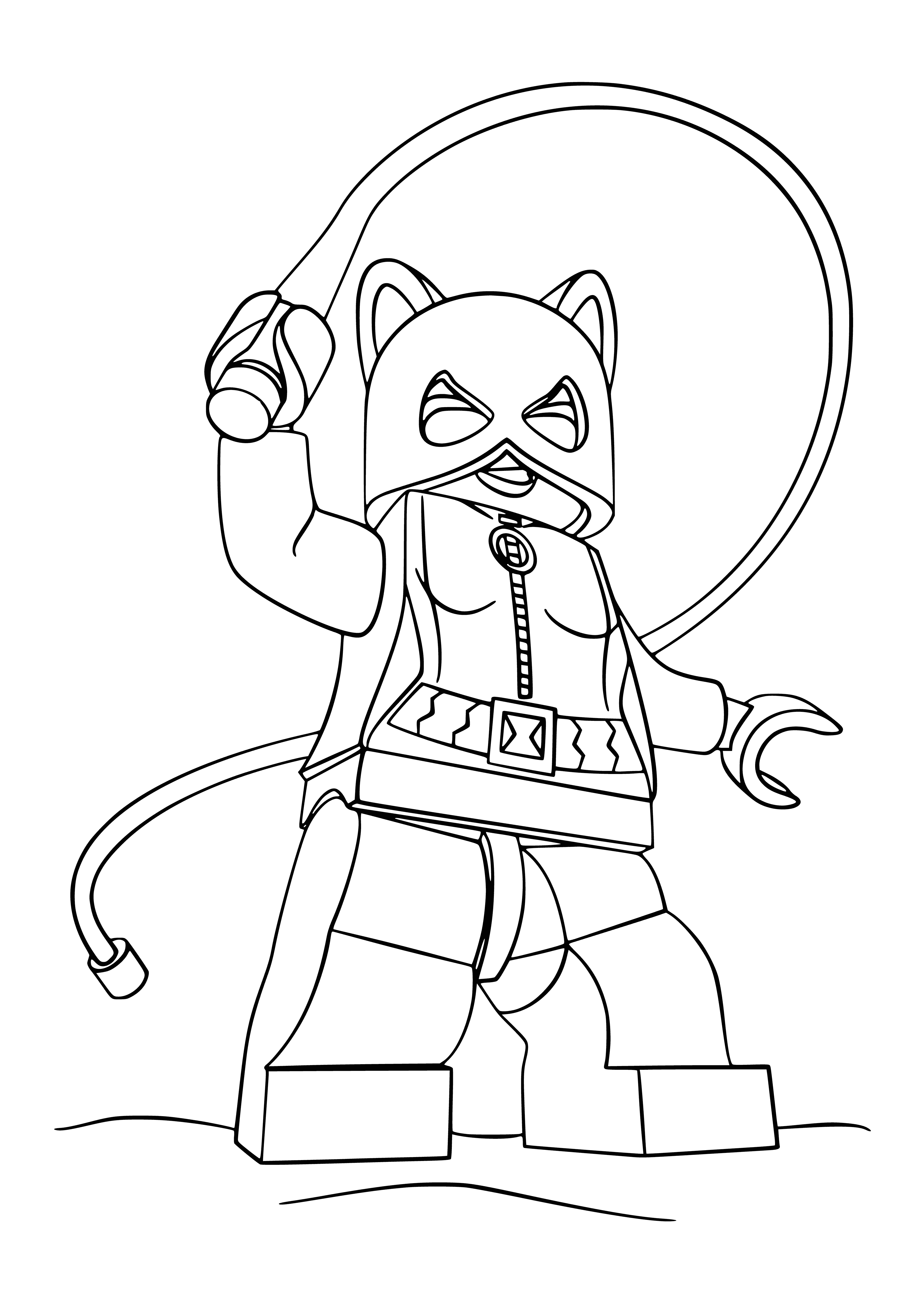 coloring page: Catwoman sits on a rooftop, holding a whip, with her black mask covering her eyes. Wearing a black outfit, green belt, and green boots.