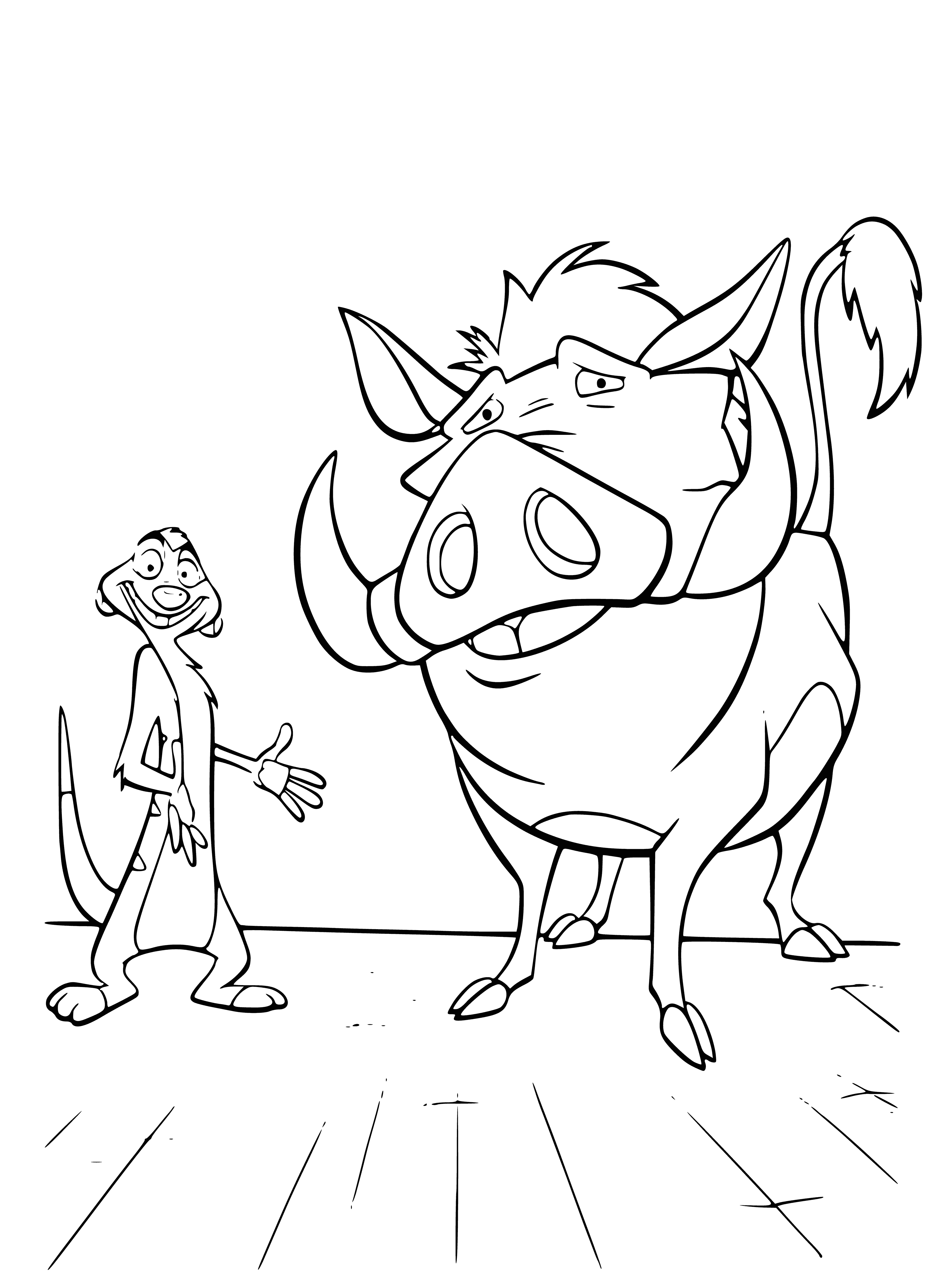 coloring page: Timon & Pumbaa from The Lion King happily view a savanna; Timon's a meerkat, Pumbaa's a warthog.