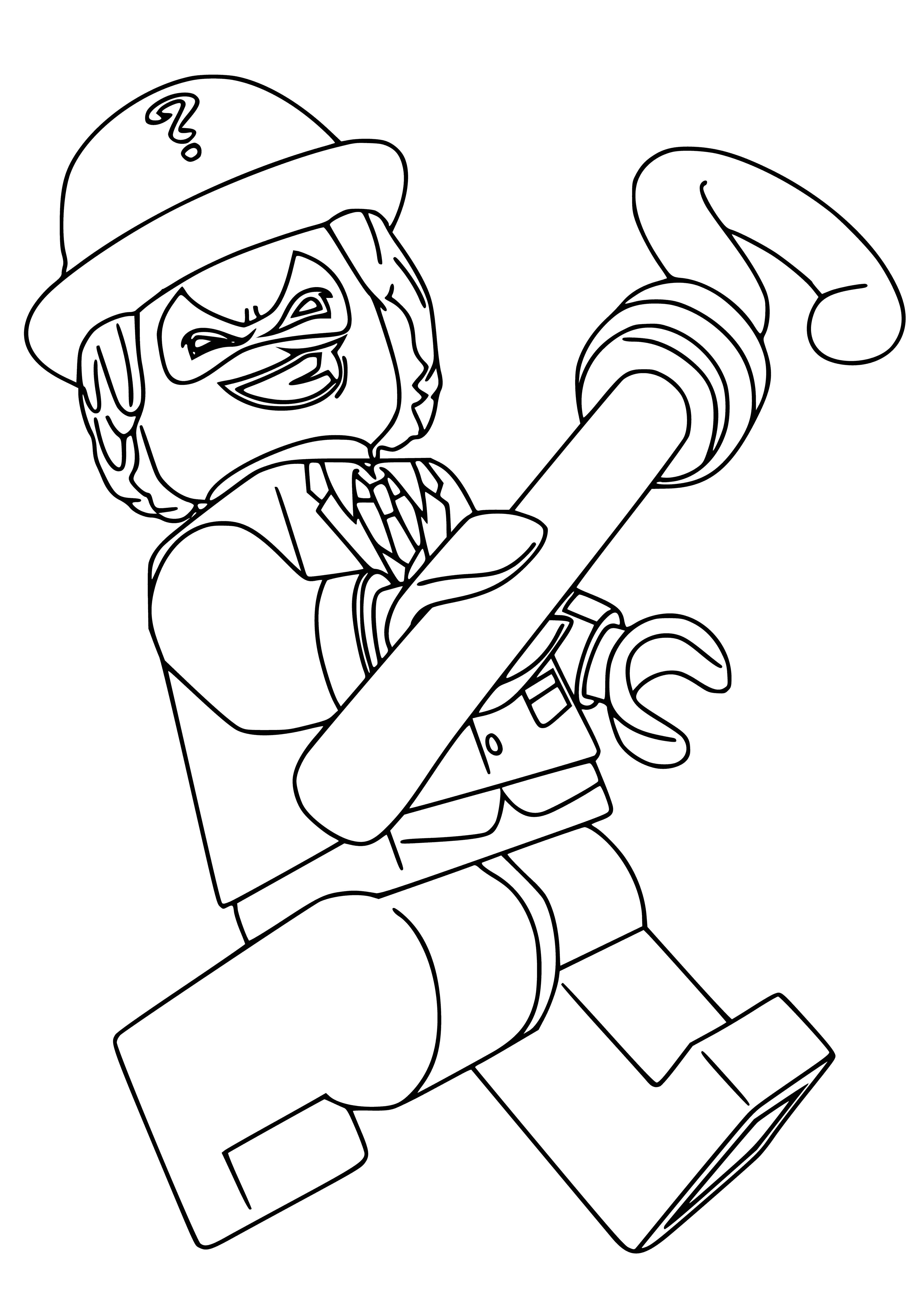 coloring page: LEGO Batman - Riddler is a figure with green suit, black mask, cape, and hat with question mark. He holds a cane in his left hand.