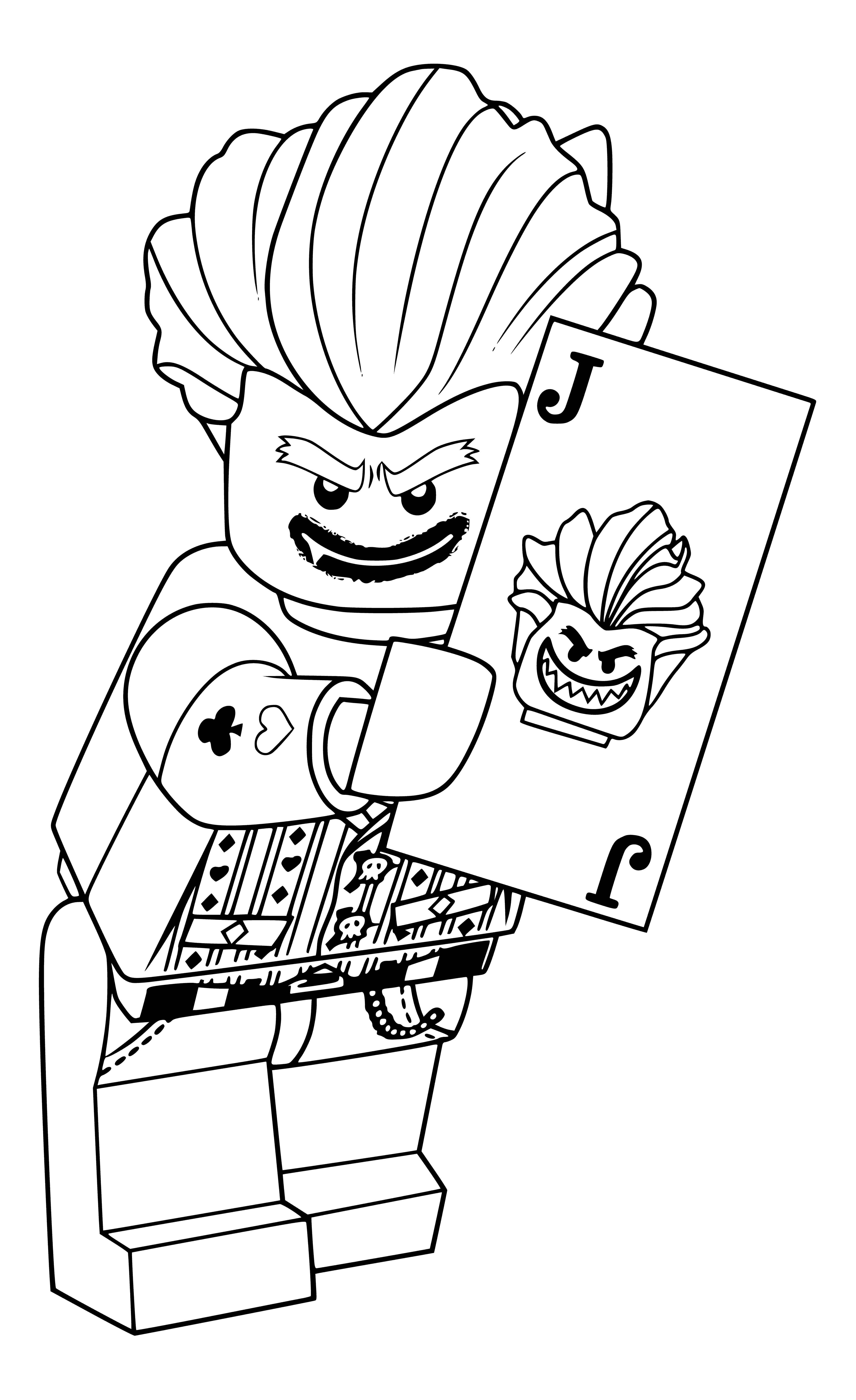 coloring page: The Joker stands watching a blue and white Batarang soar through the air above the city. His purple suit, green shirt & white makeup highlight his mischievous grin.