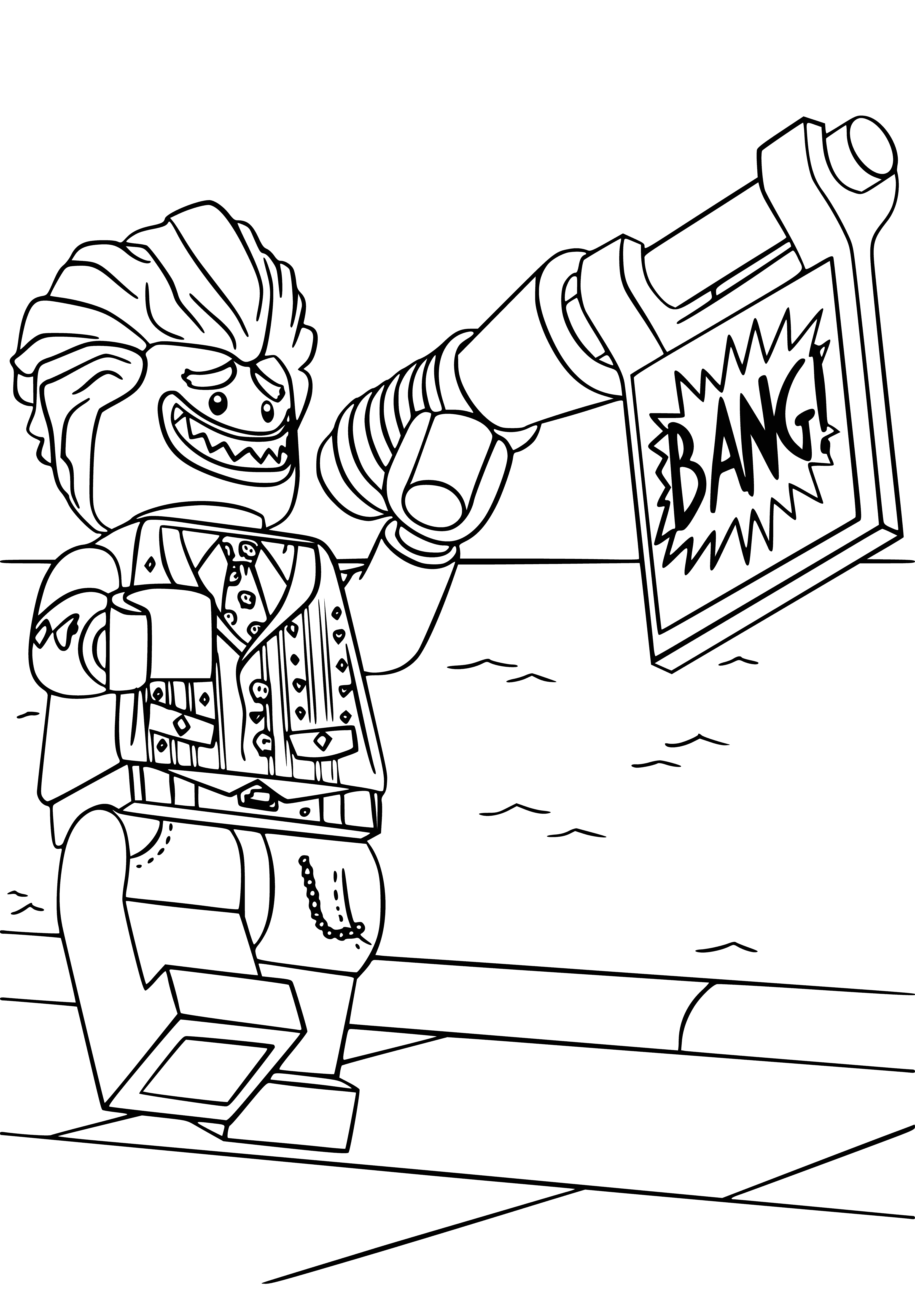 coloring page: The Joker stands with a cannon in front of a green ivy wall, wearing a purple suit, yellow vest, and green tie. Orange hair, white face, and red lips complete the look.