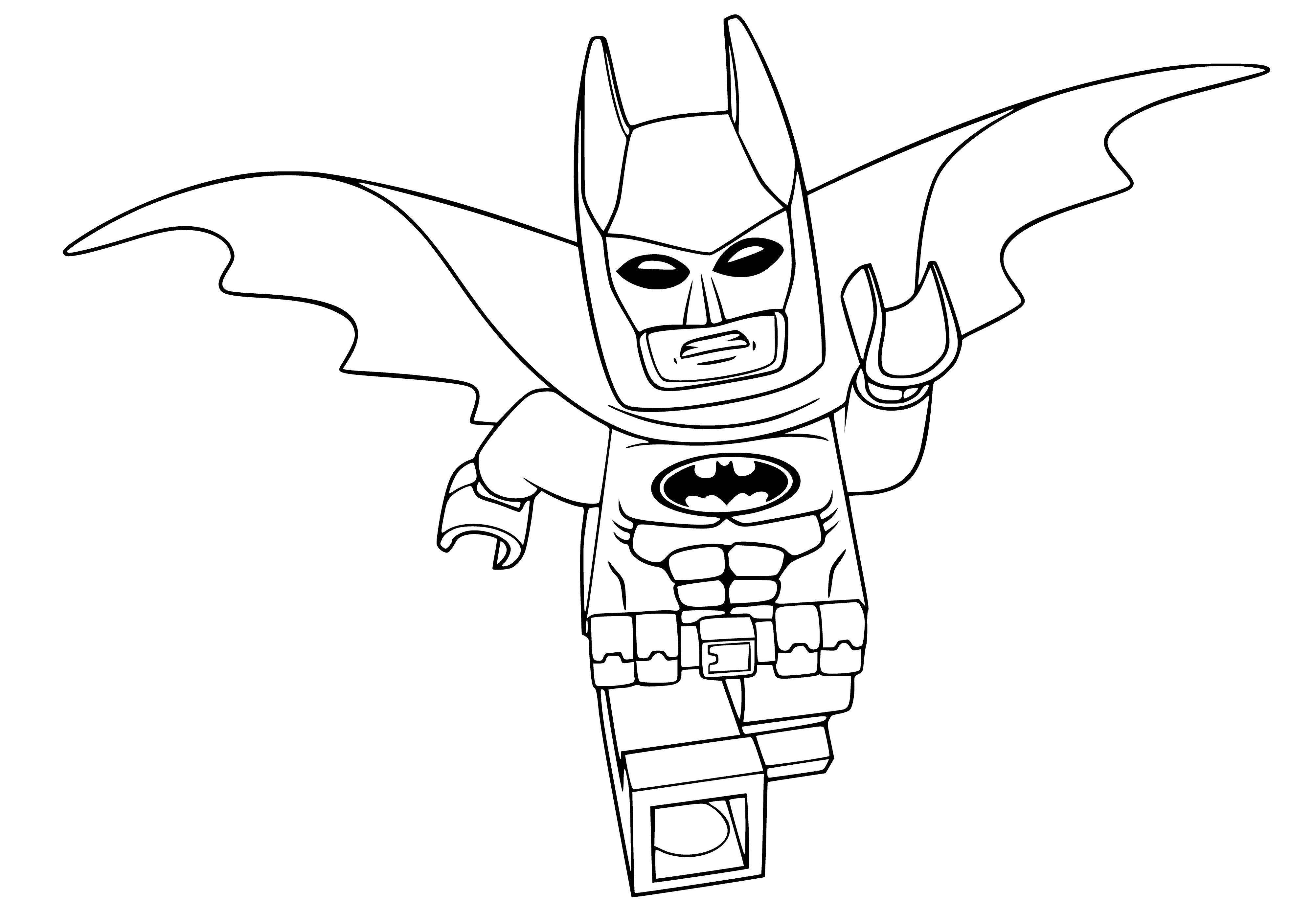 coloring page: LEGO Batman has black costume w/ yellow Batman symbol & utility belt, white eyes & black mask. Cape flowing dramatically behind him.