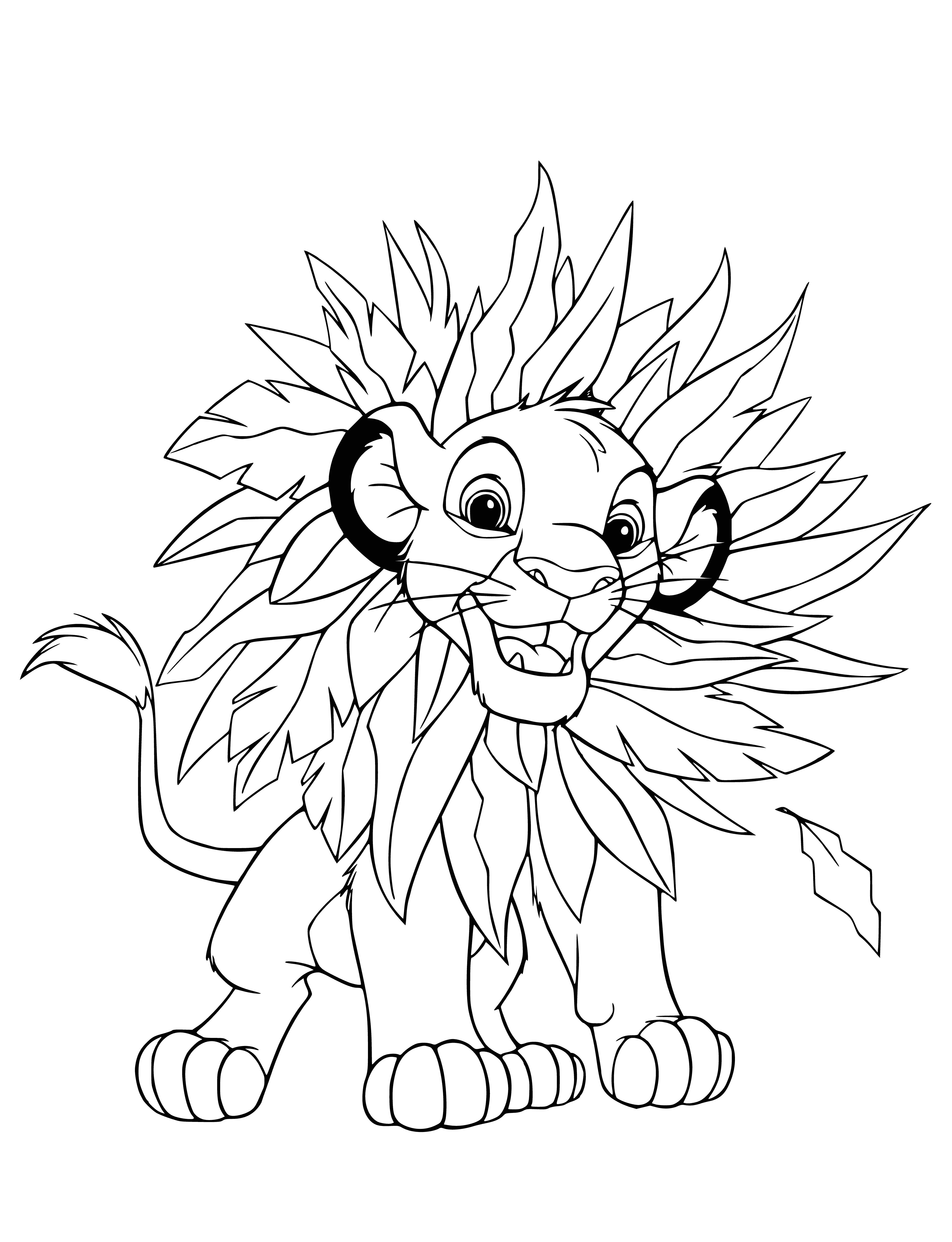 coloring page: Lion cub plays with a big, bouncy ball; its mother, big and strong, watches nearby with her flowing mane.