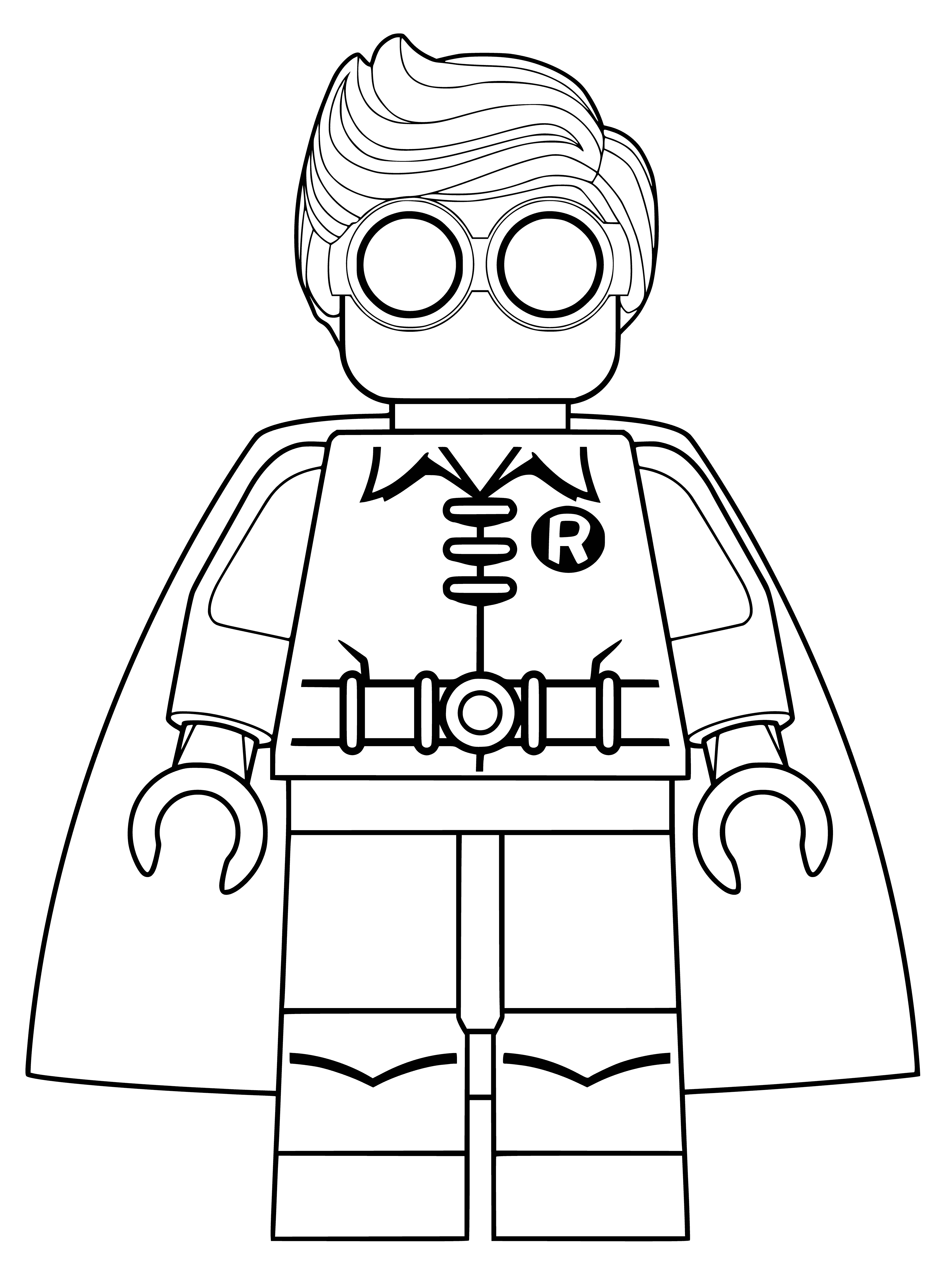 coloring page: LEGO minifigures of Batman and Robin - he in grey & black, yellow belt & cape, yellow eyes & symbol / she in red & green, black belt & cape, green eyes & R.