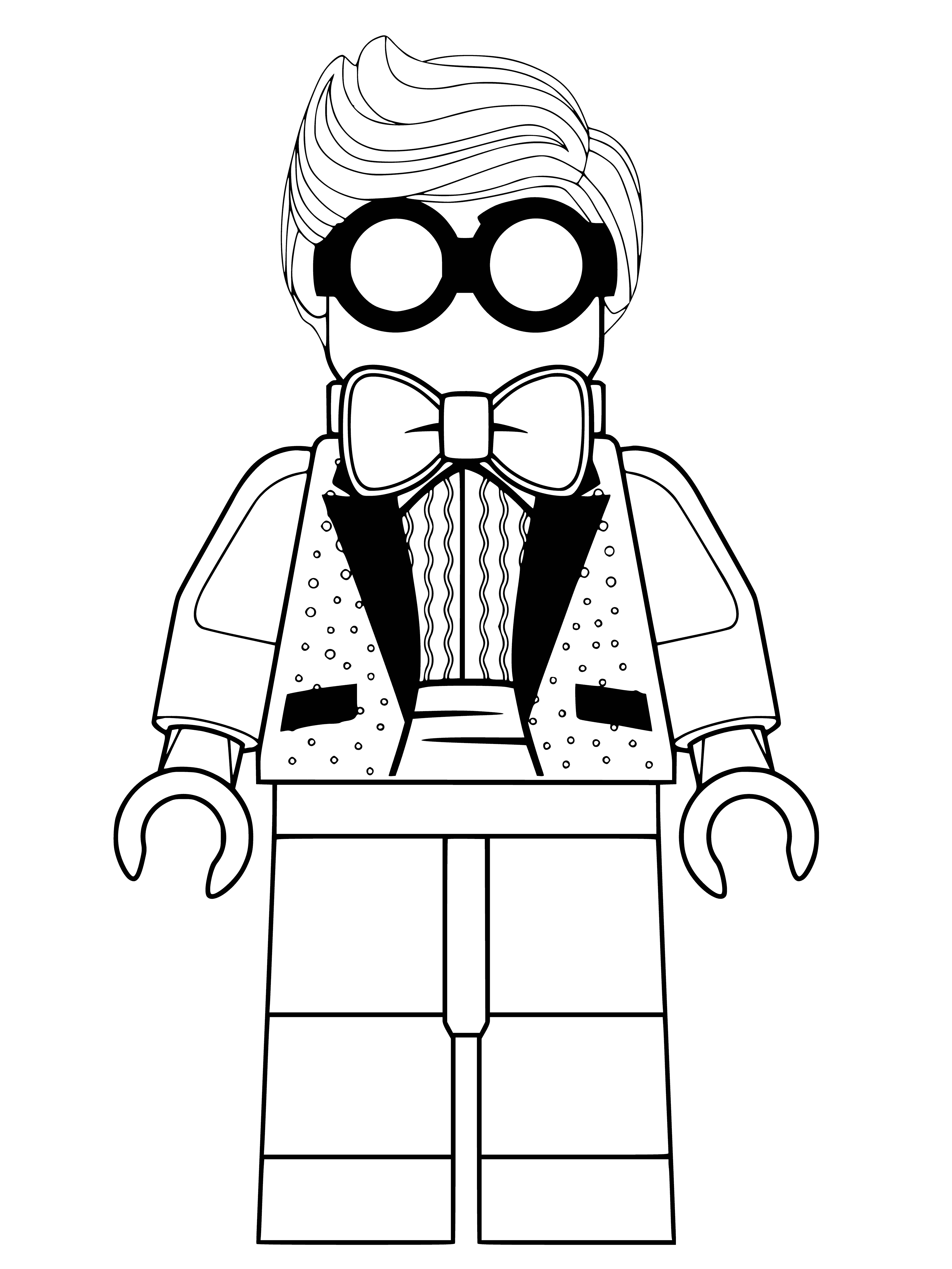 coloring page: Dick Grayson goes undercover as LEGO Batman, with blue and grey suit, yellow belt and blue cape. He overlooks a bustling cityscape.