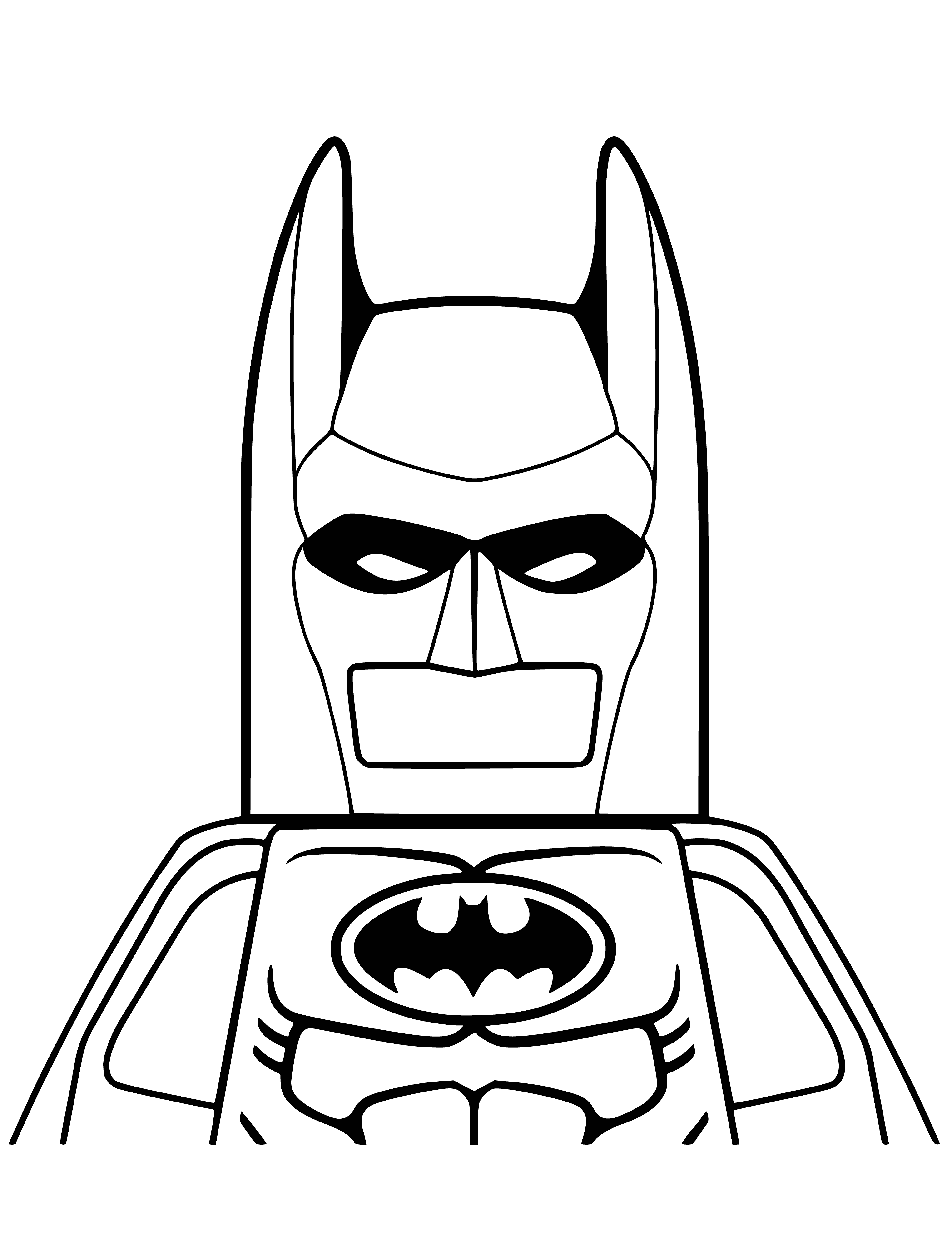 coloring page: Batman LEGO figure reaching out w/ batarang; cape blowing in wind & cityscape behind him in sunset.