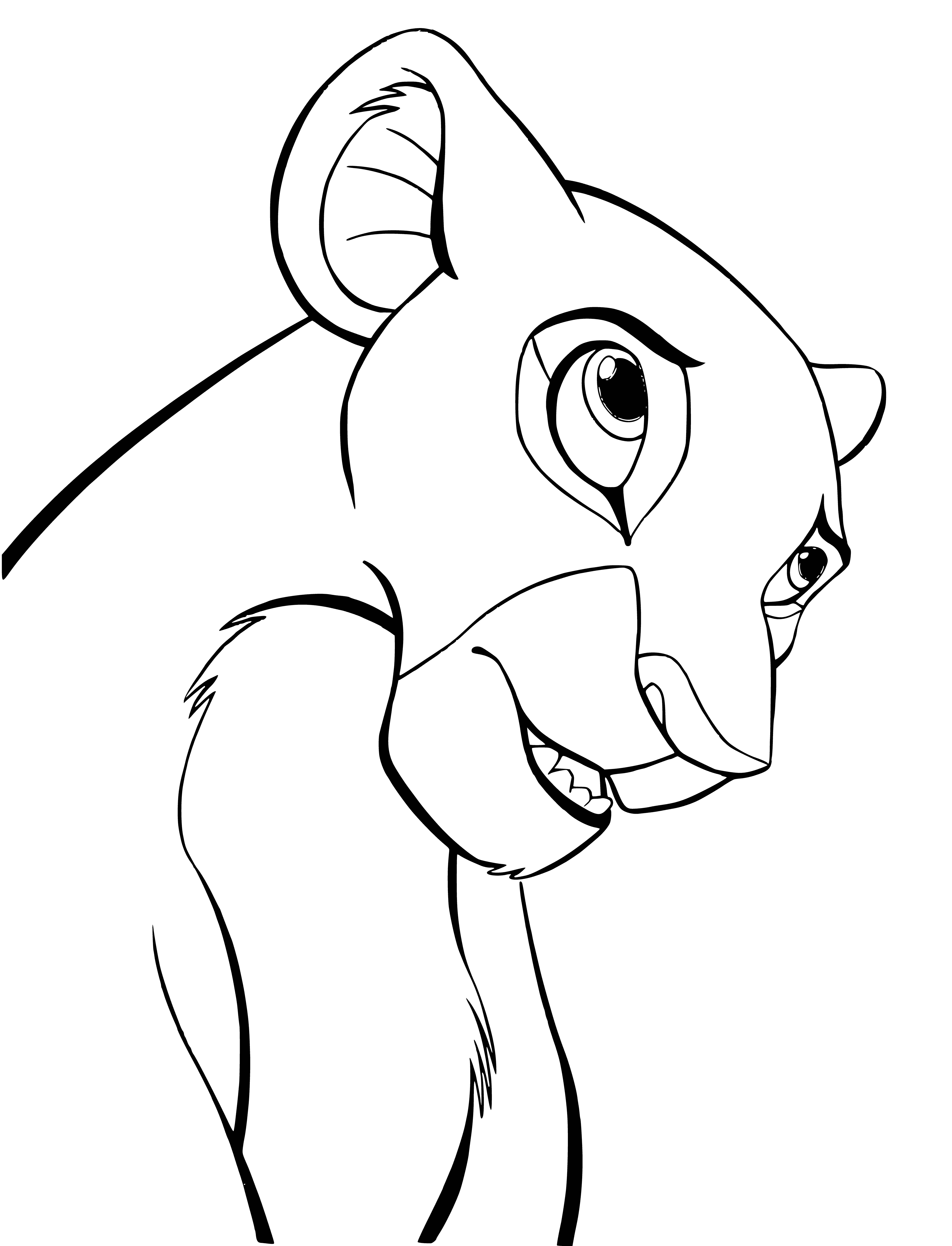 coloring page: Nala the lioness stands majestically on a rock in the African grasslands, with a bright blue sky and a light coat and mane. Her long tail and green eyes show her strength and majesty.
