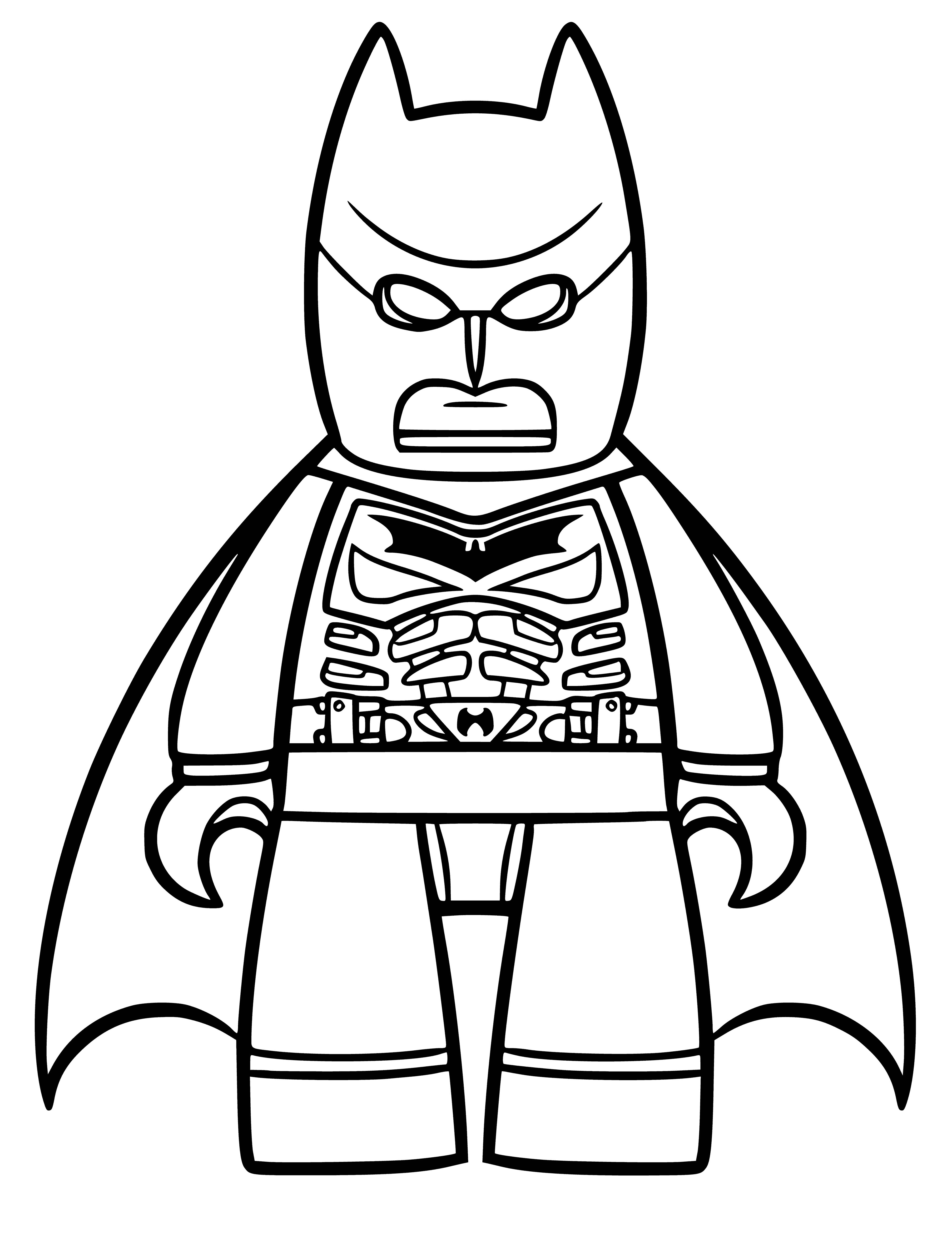 coloring page: Batman: black cape, grey/yellow suit, yellow belt, black/yellow mask, black batarang. #LEGOBatman