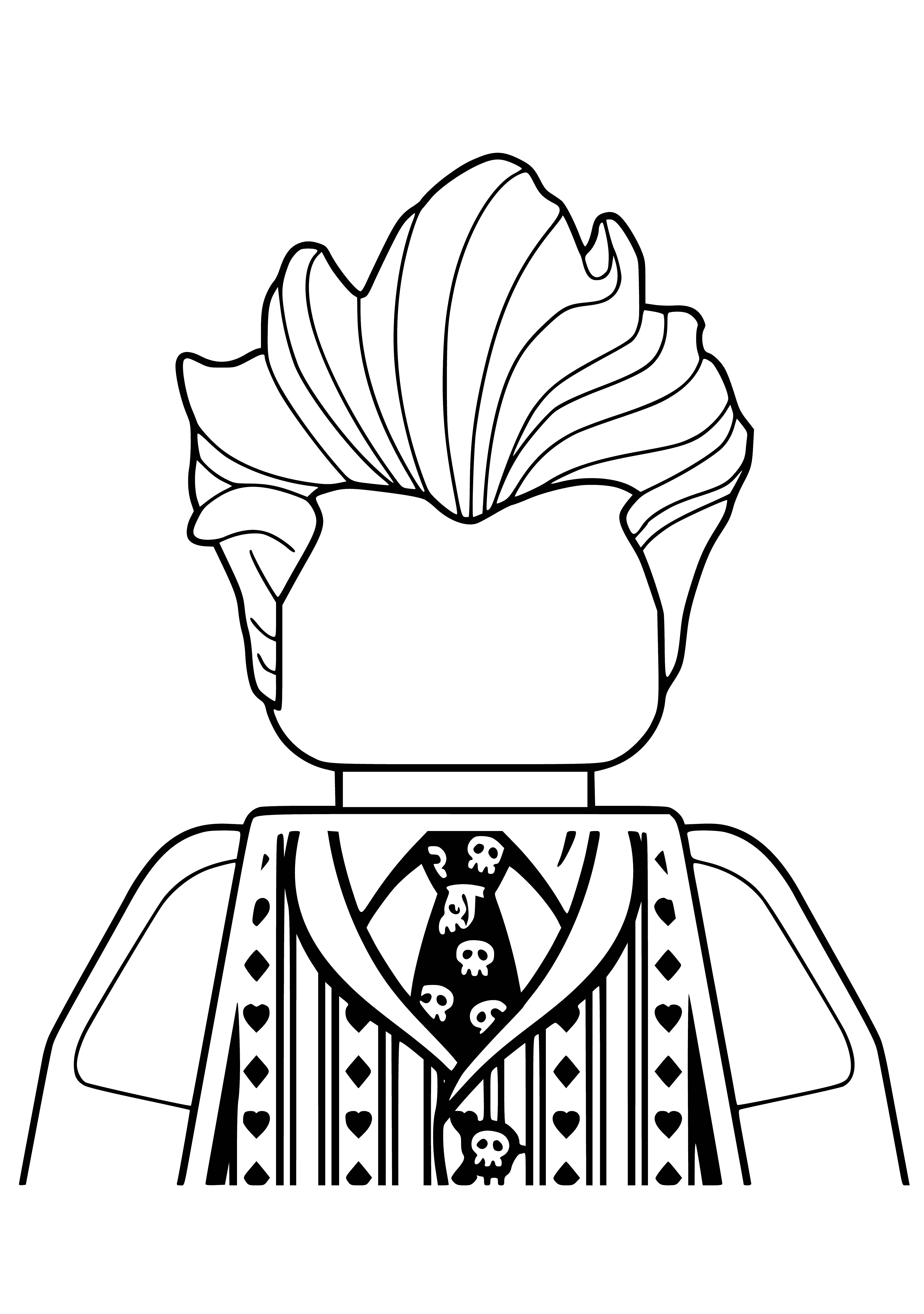 coloring page: The Joker is a short, balding man in a purple suit, green vest & white shirt holding a deck of cards. He has a green ? and purple flower on his lapel. #LEGOBatmanJoker