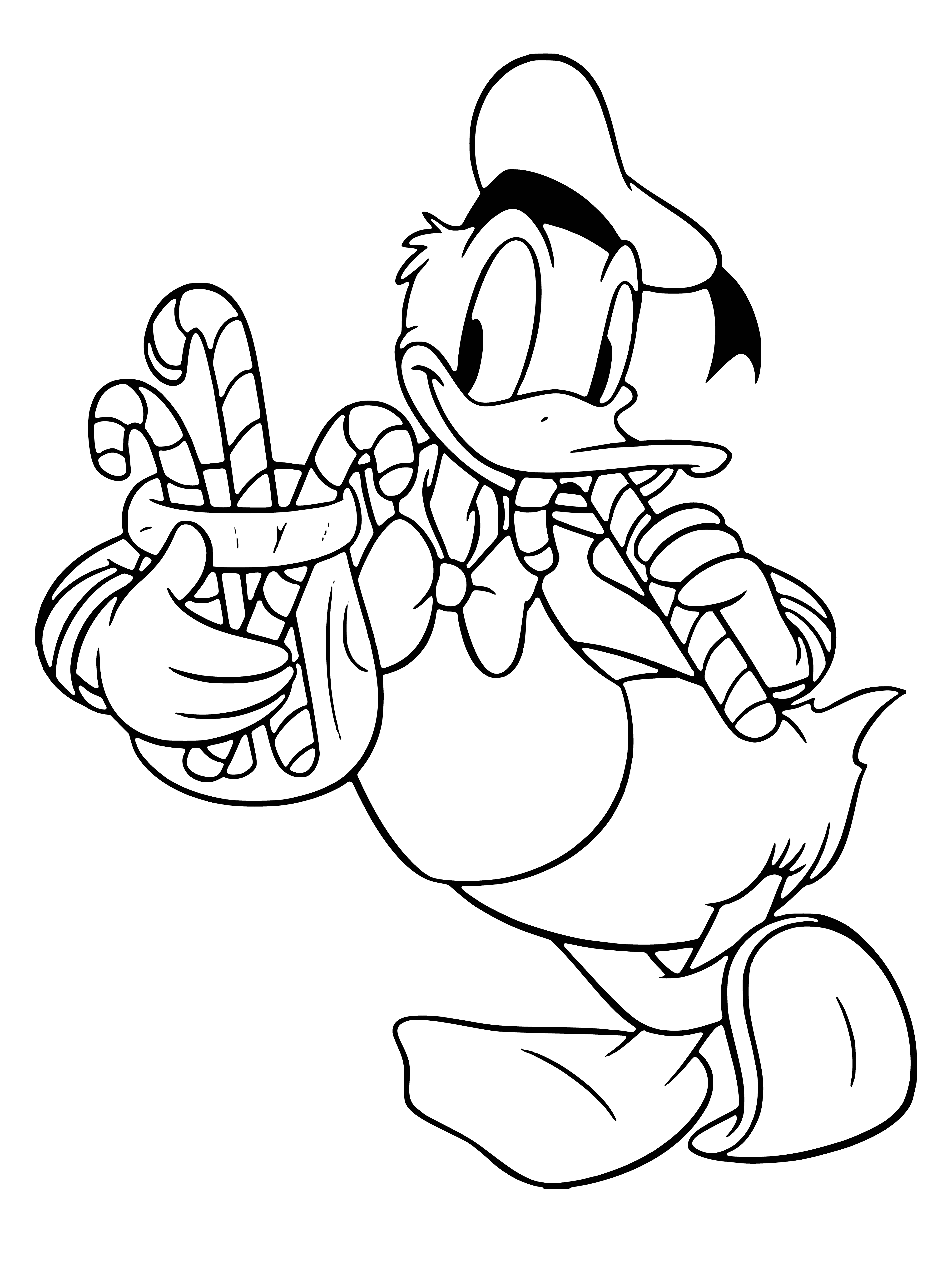 coloring page: Donald Duck is celebrating the New Year with fireworks, looking forward to an exciting 2021!