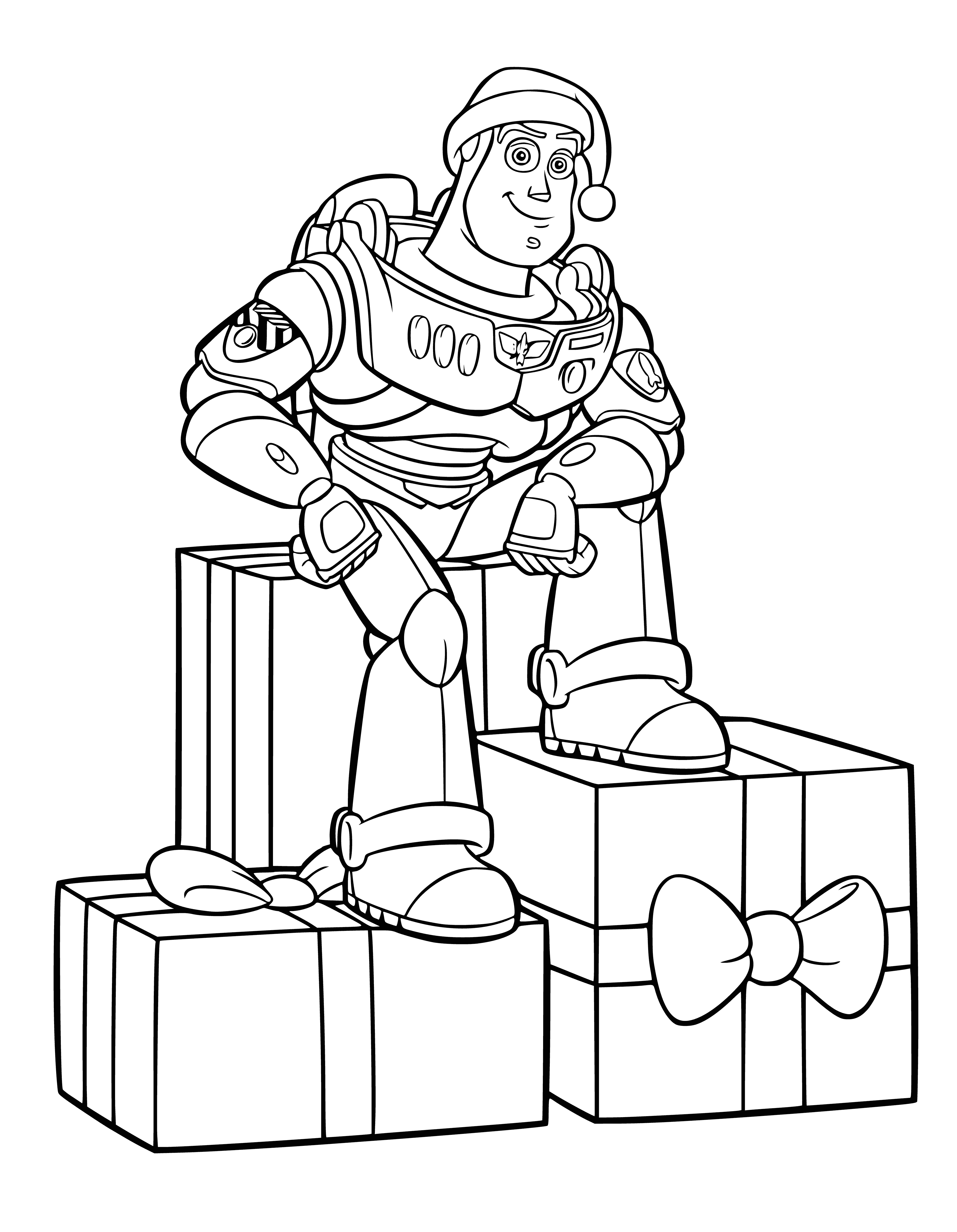coloring page: Disney characters celebrating New Year with gifts. Wearing festive clothing, they all look excited for a fun and memorable New Year.