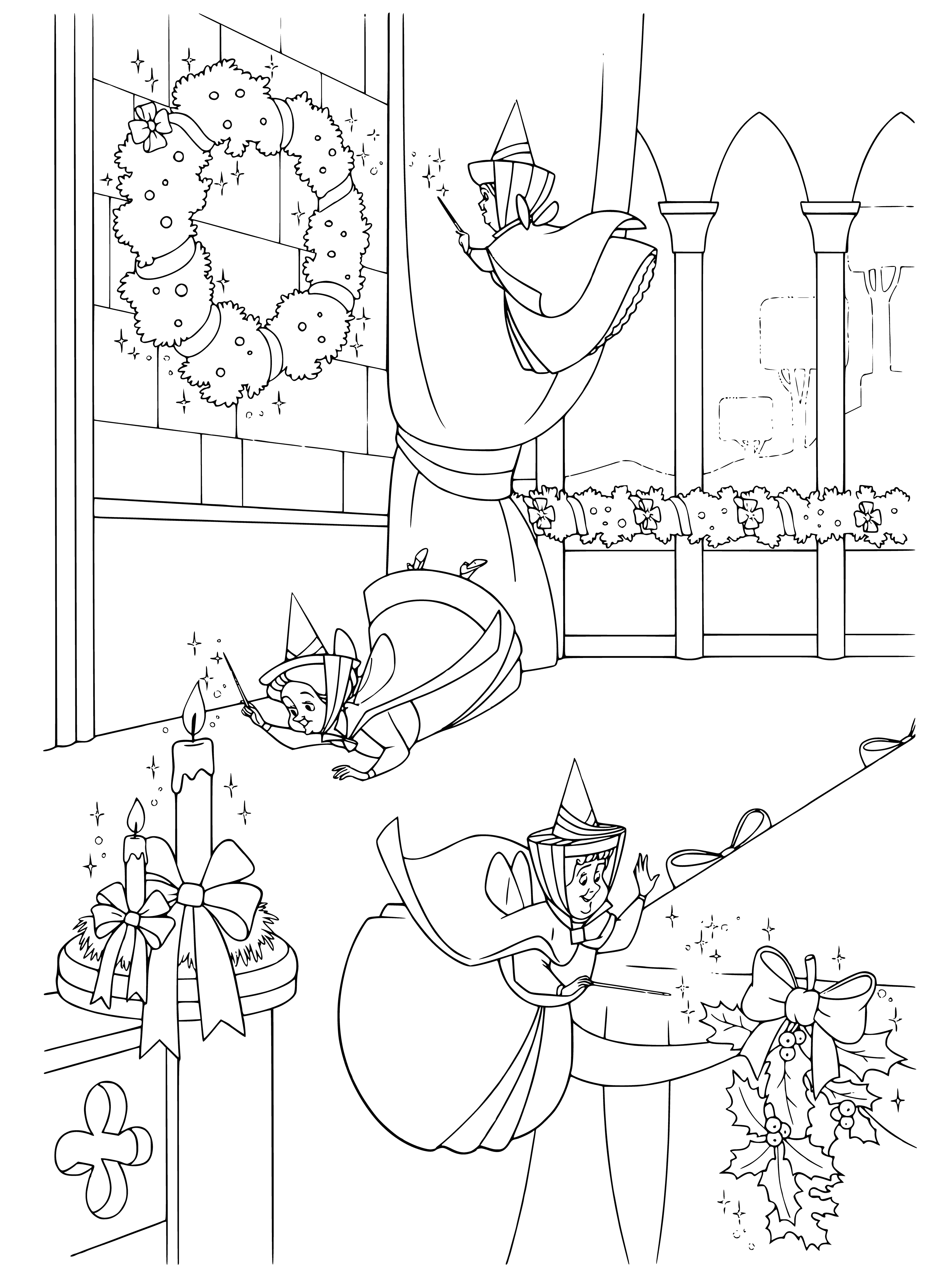 coloring page: -> Fairies decorating castle for New Year w/ banners, garlands, balloons; Fairy Queen joined by subjects in excited anticipation for year ahead.