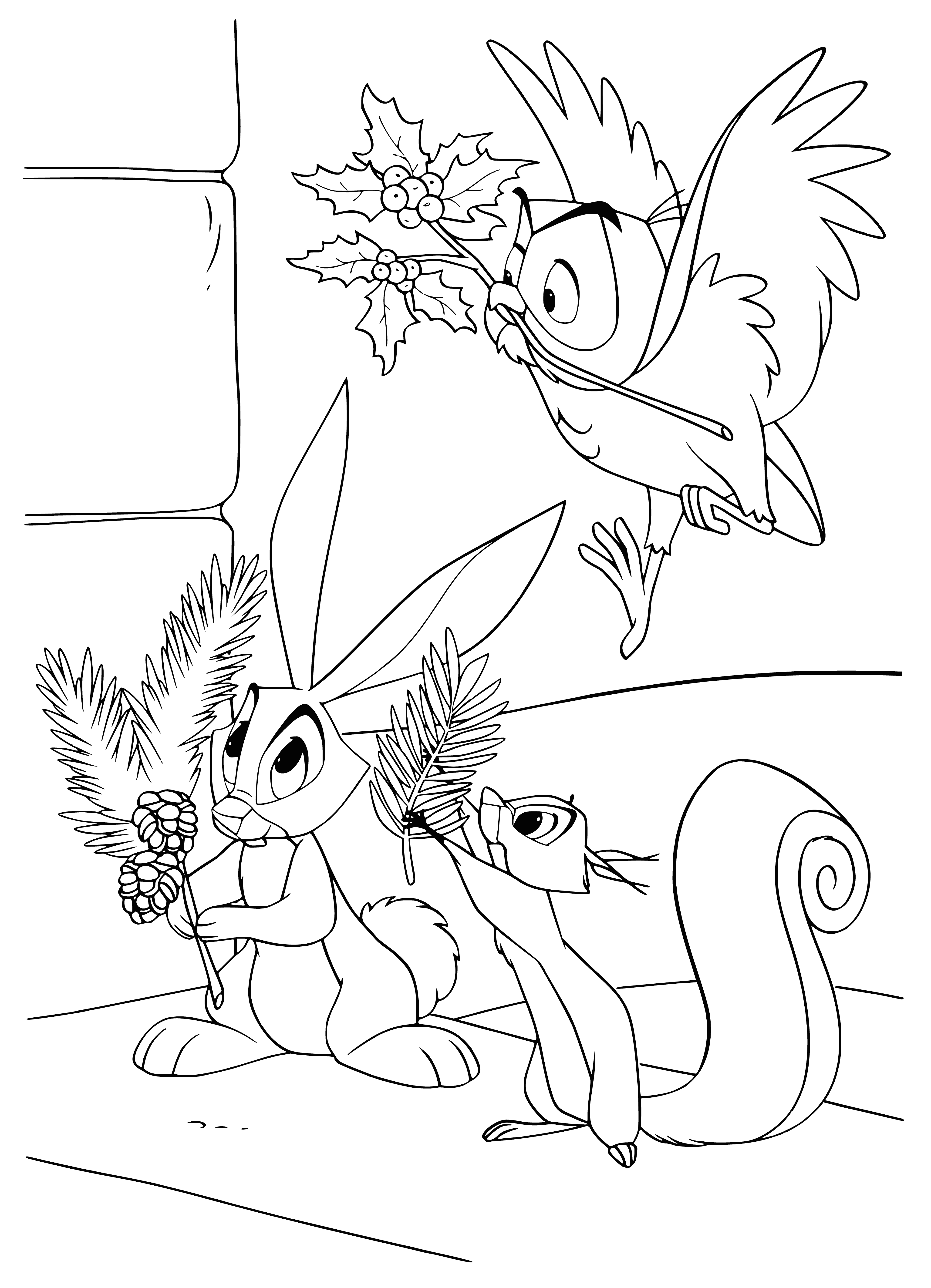 coloring page: Animals in Disney coloring page prep for winter; wearing extra fur and gathering food. All seem excited for the new year!