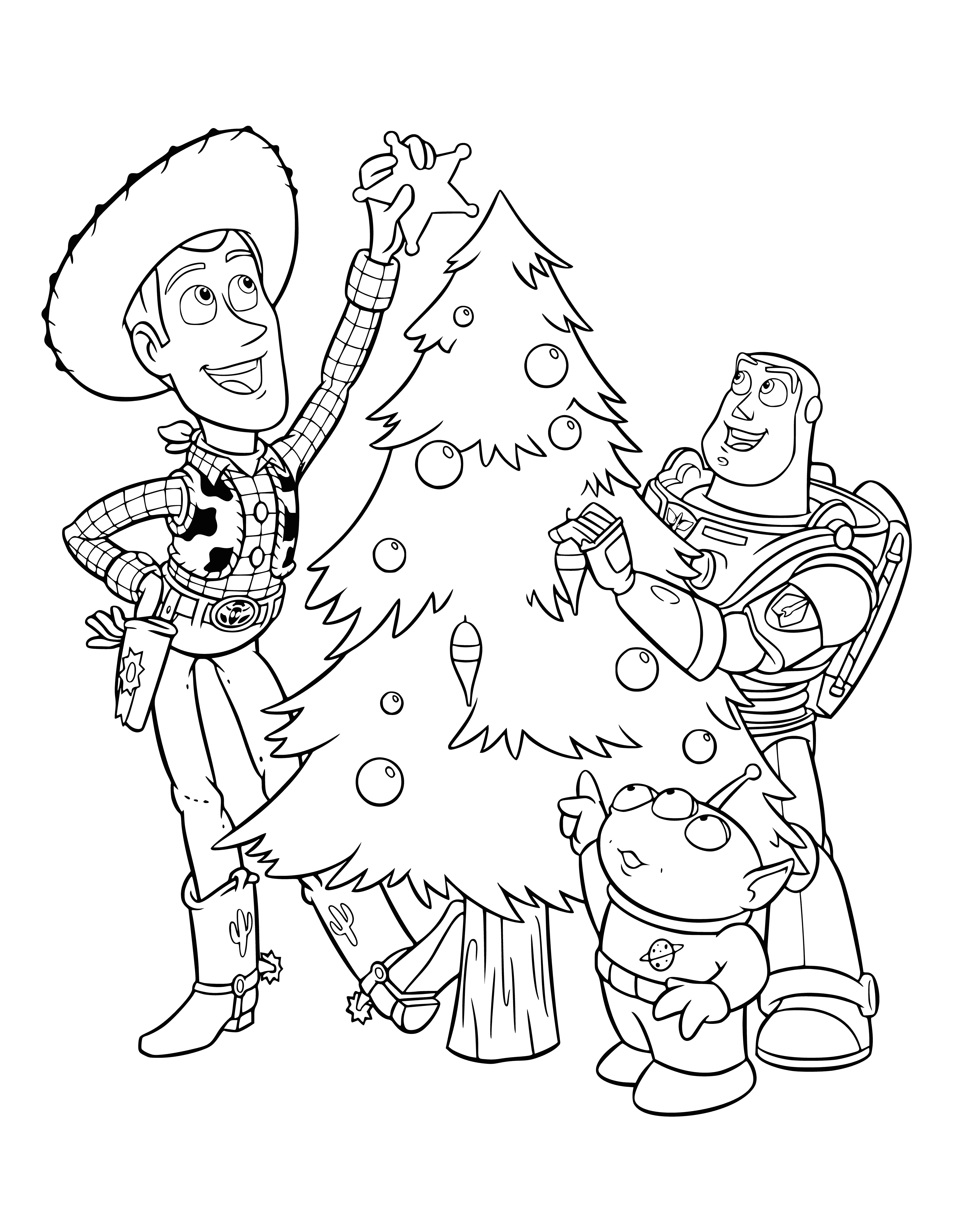 coloring page: Disney characters decorate Christmas tree, enjoy each other's company & ring in the new year in a festive scene.