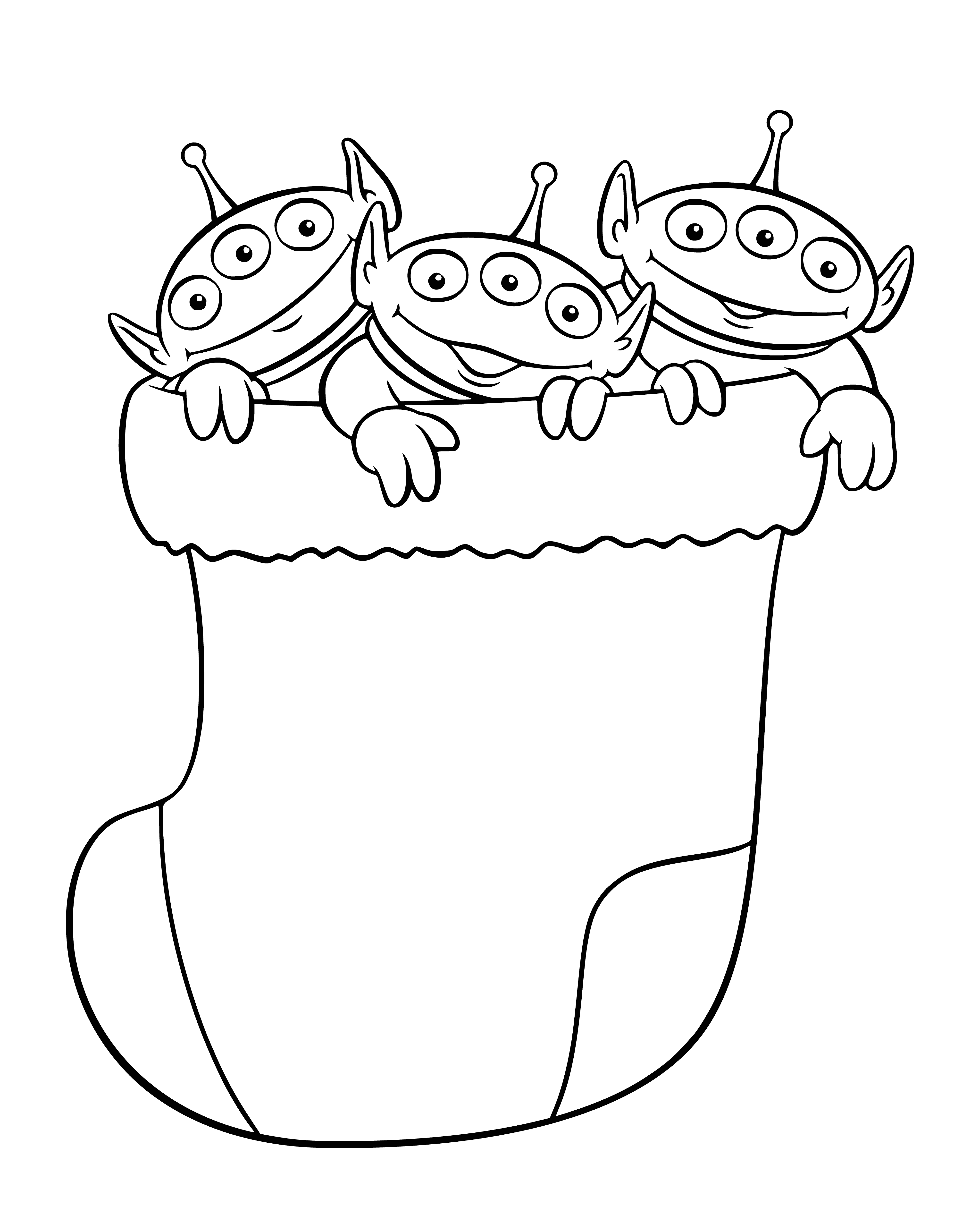 coloring page: Disney characters celebrate New Year with a Christmas sock. They are all excited! #happynewyear