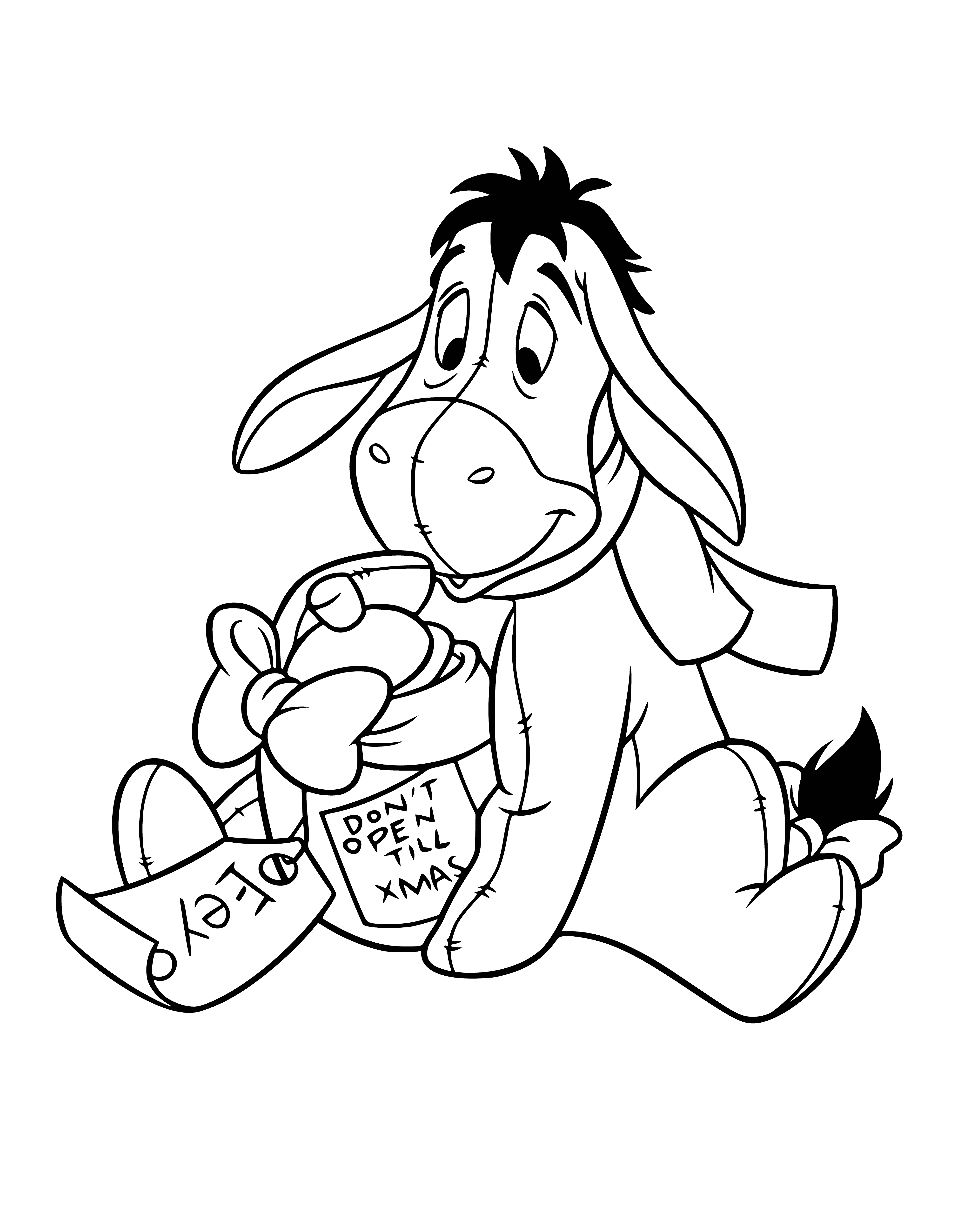 coloring page: Disney characters Eeyore and friends celebrate New Year with gifts, balloons, and joy!