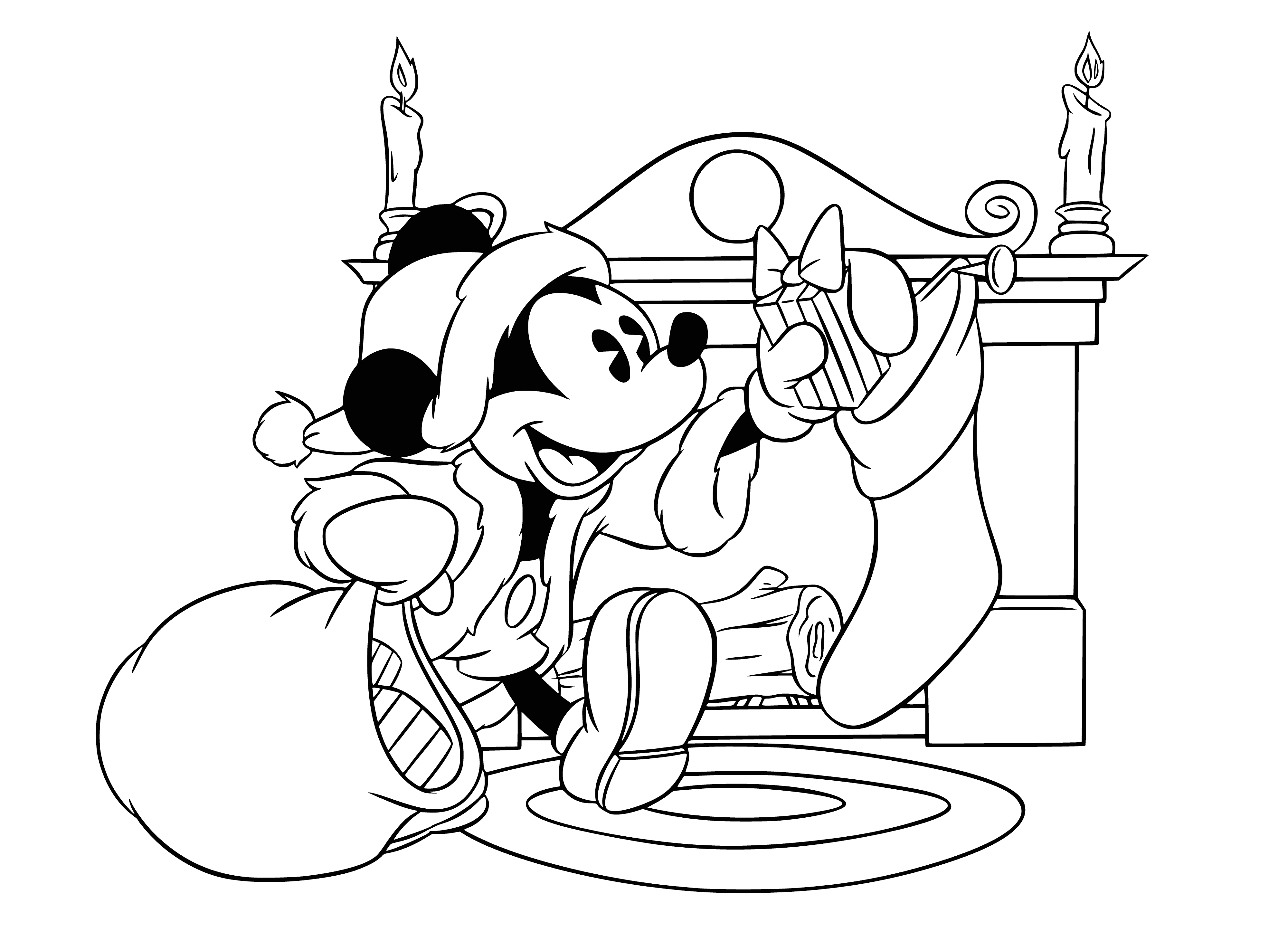 coloring page: Mickey stands in front of Christmas tree with friends, presents in arms, all having a merry time.