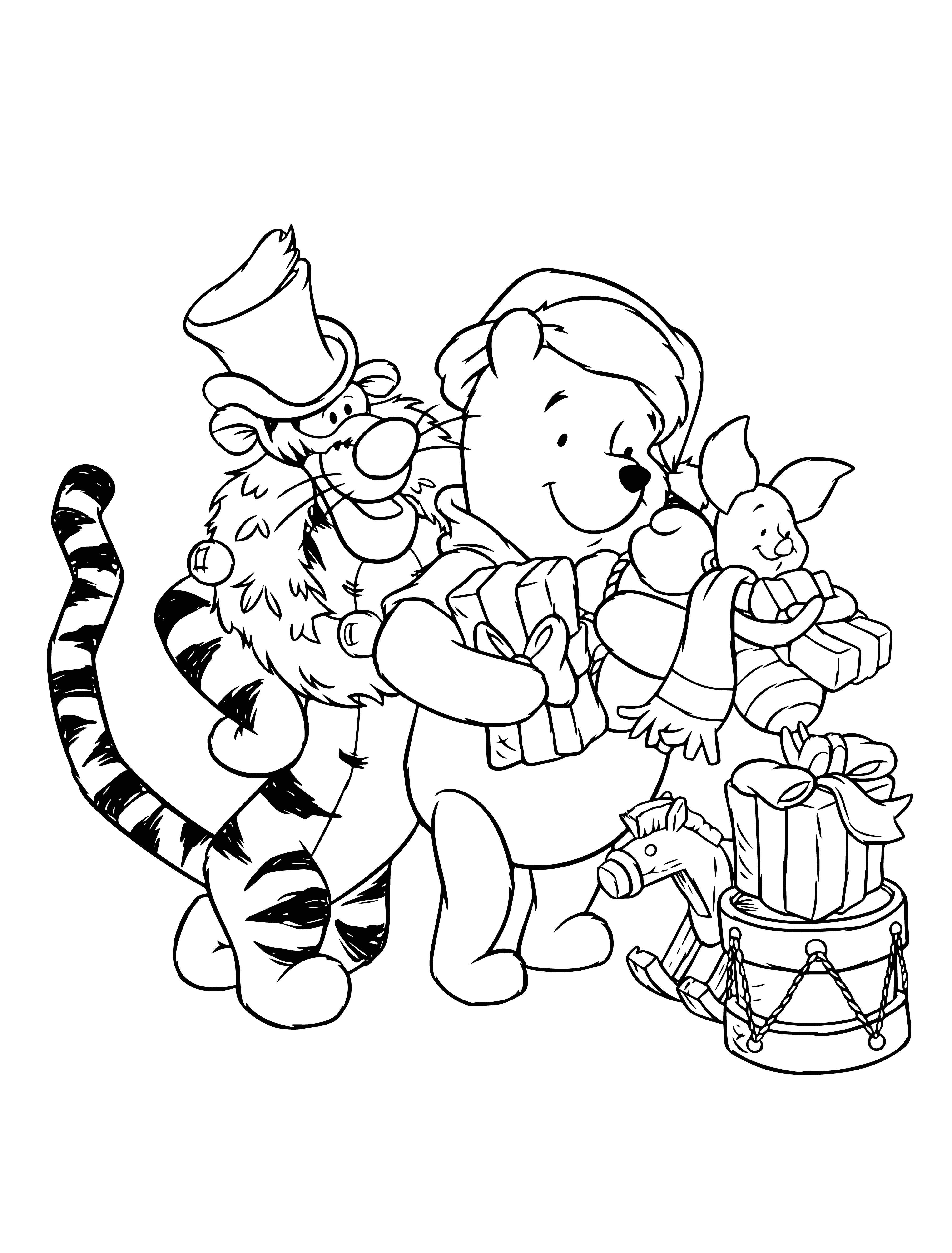 coloring page: Disney characters celebrate the New Year with Christmas gifts and gather around a tree with presents underneath.