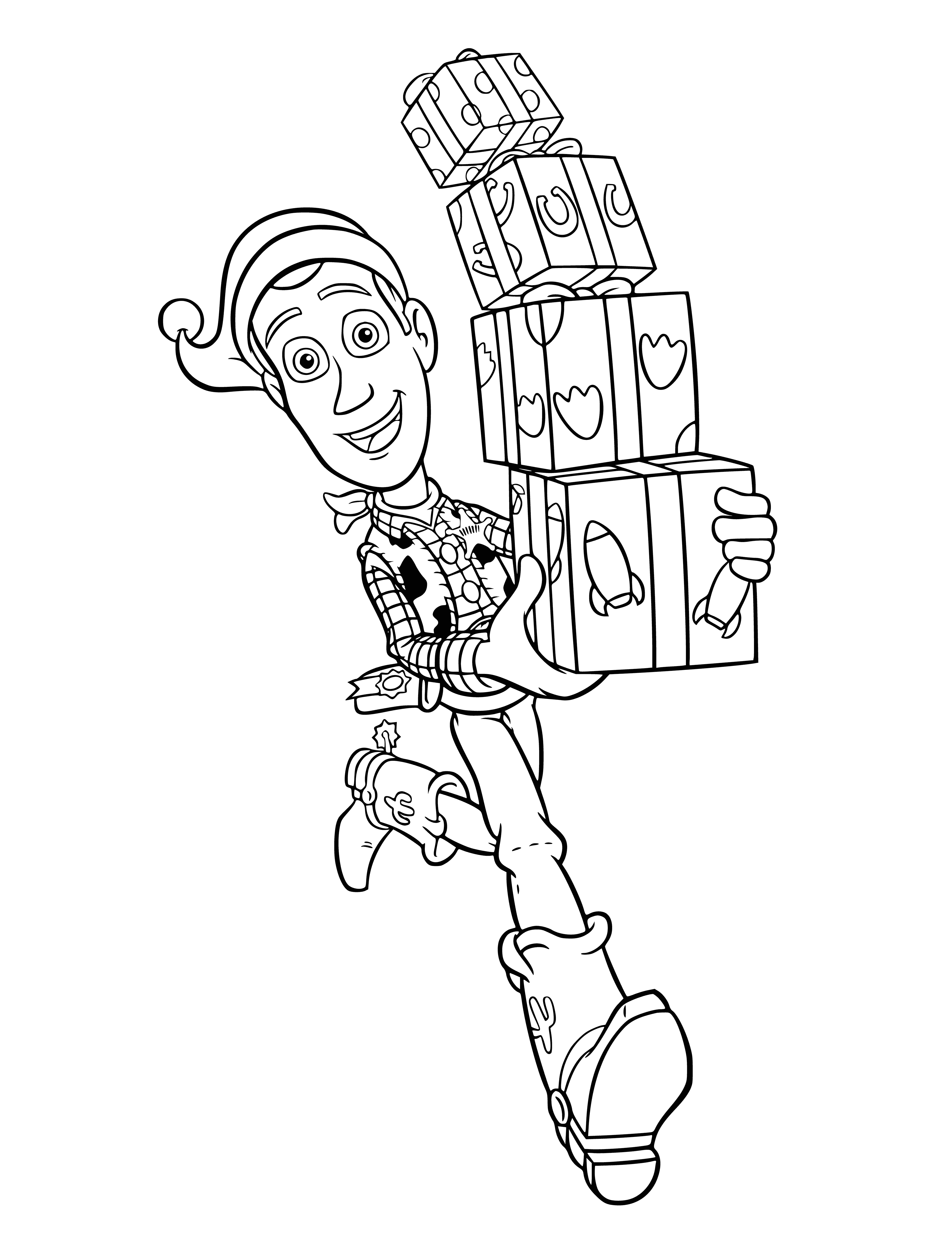 coloring page: Woody is excitedly ready to celebrate the new year with gifts, confetti, and a big smile! #NewYear #Happy
