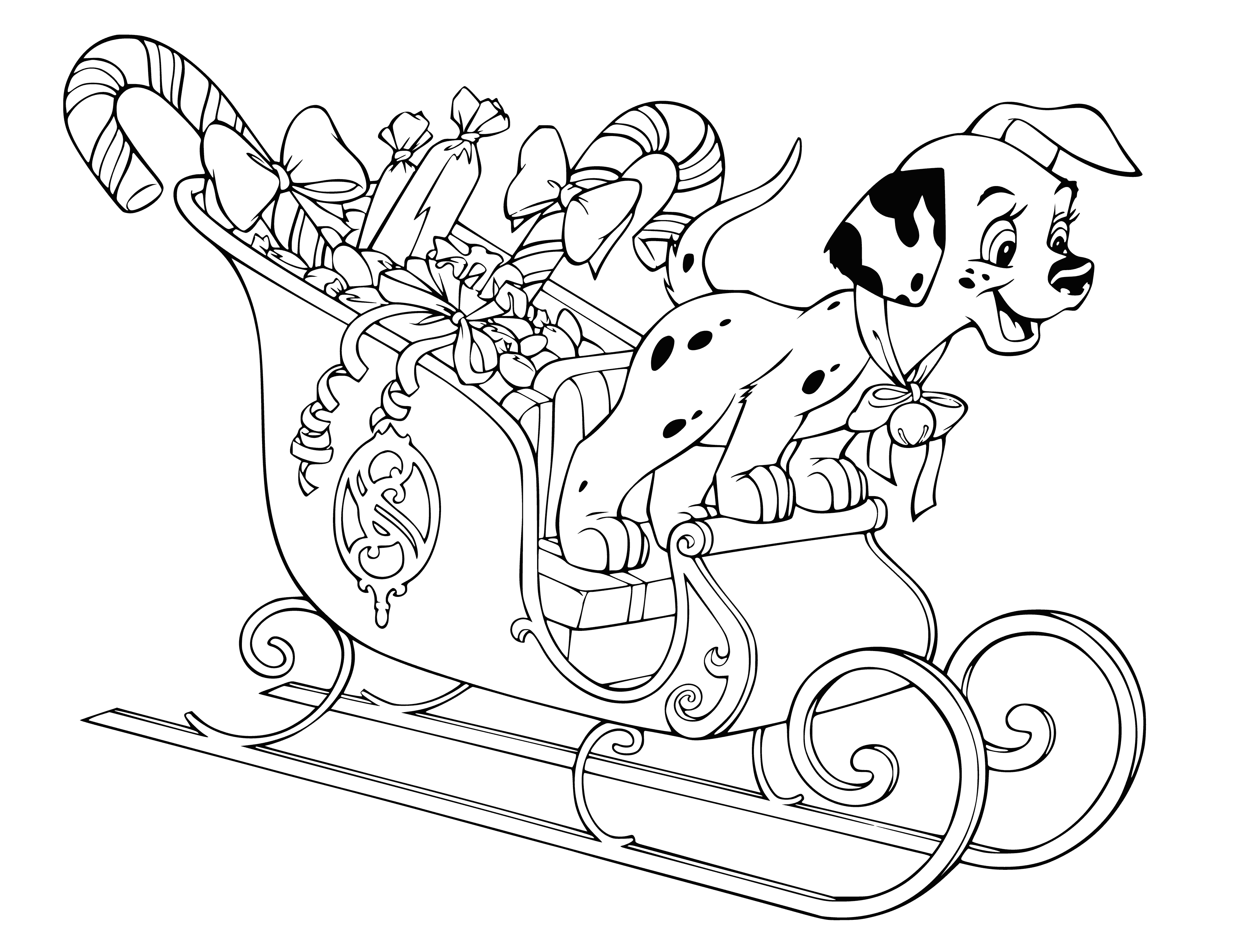 coloring page: Disney characters celebrate the new year by sleighing with gifts, all smiles and having a great time.