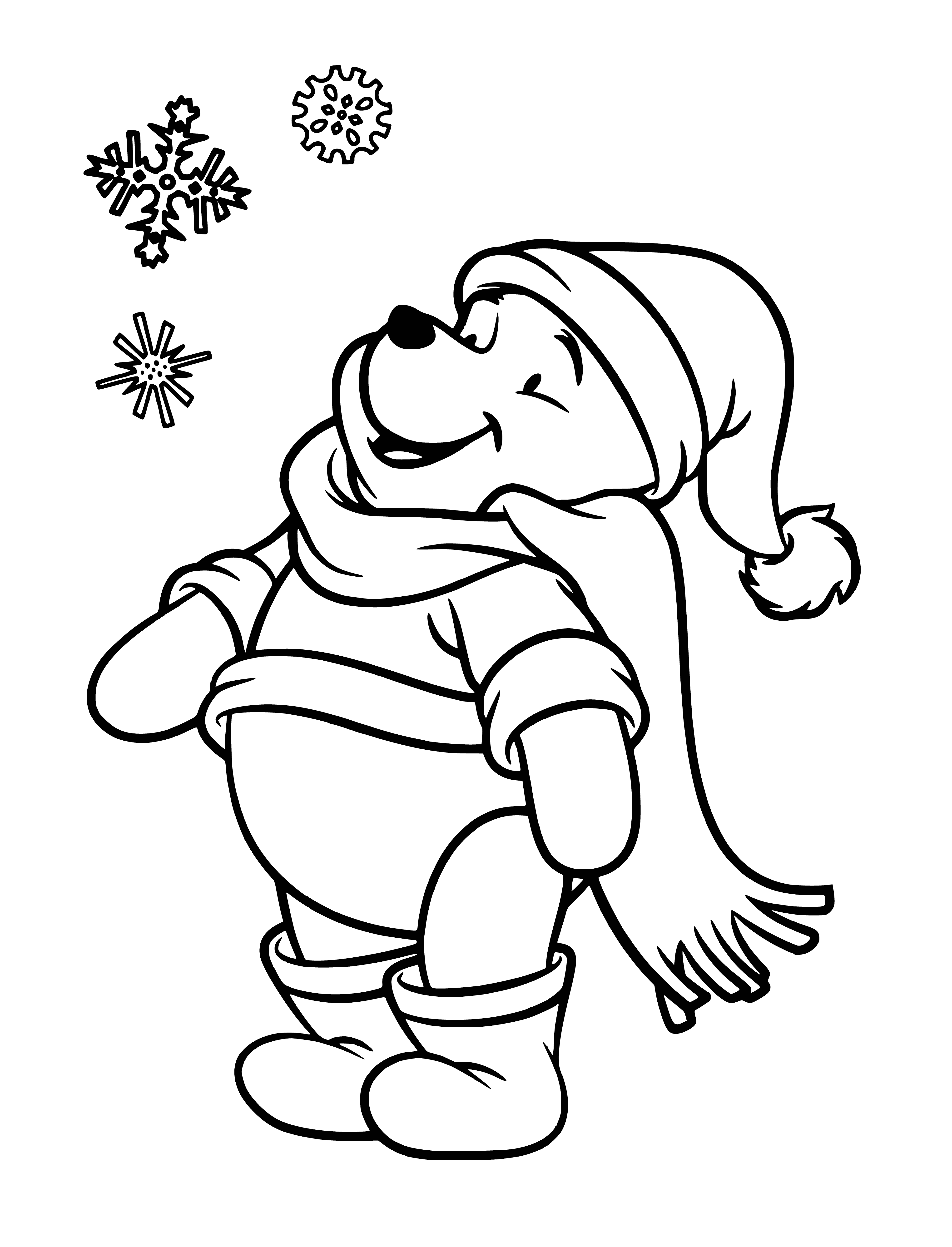 coloring page: Winnie and friends celebrating the New Year around a snowman, toasting with glasses and wishing each other "Happy New Year!"