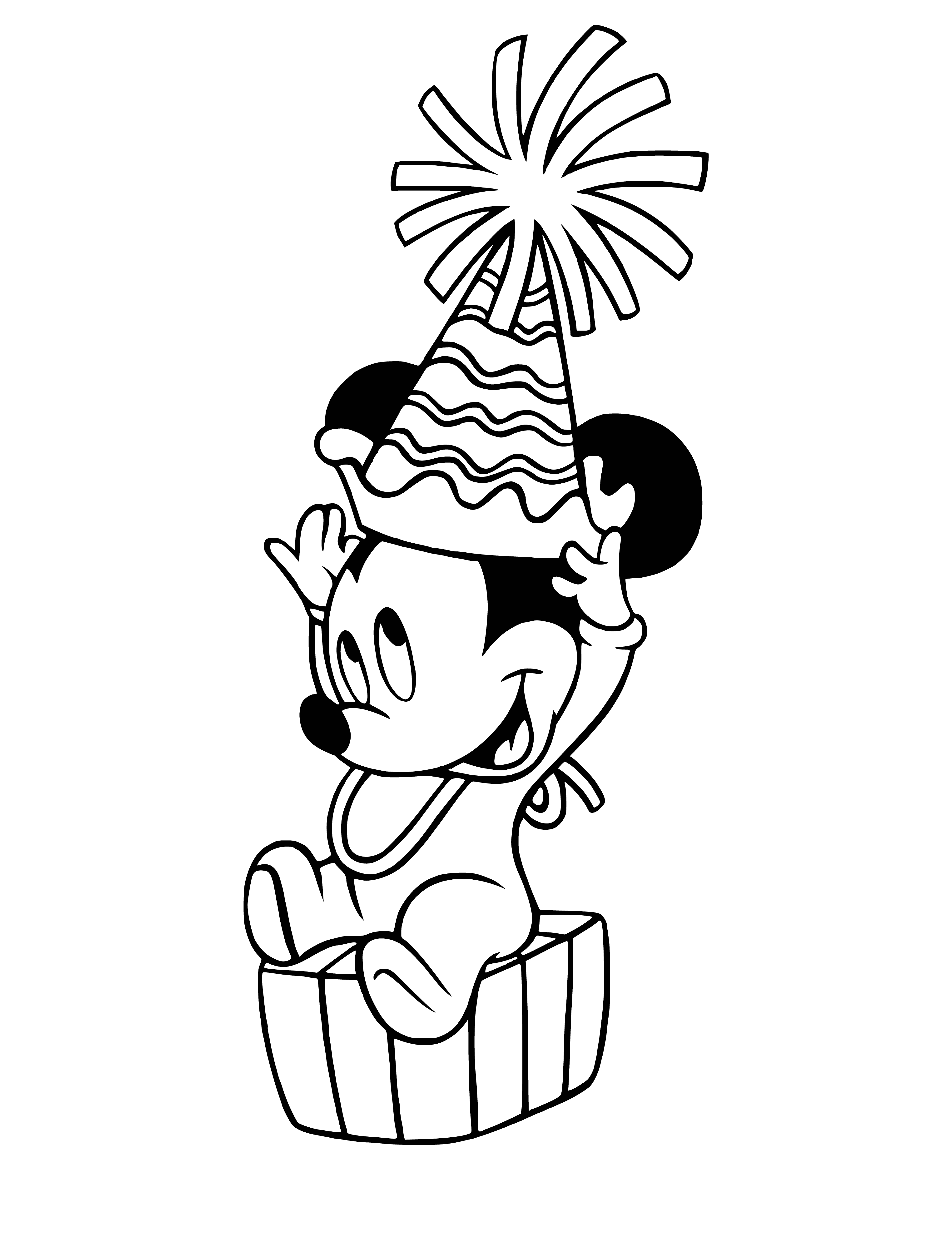 coloring page: Mickey & friends celebrate New Year, wearing party hats & holding noisemakers. All very happy!