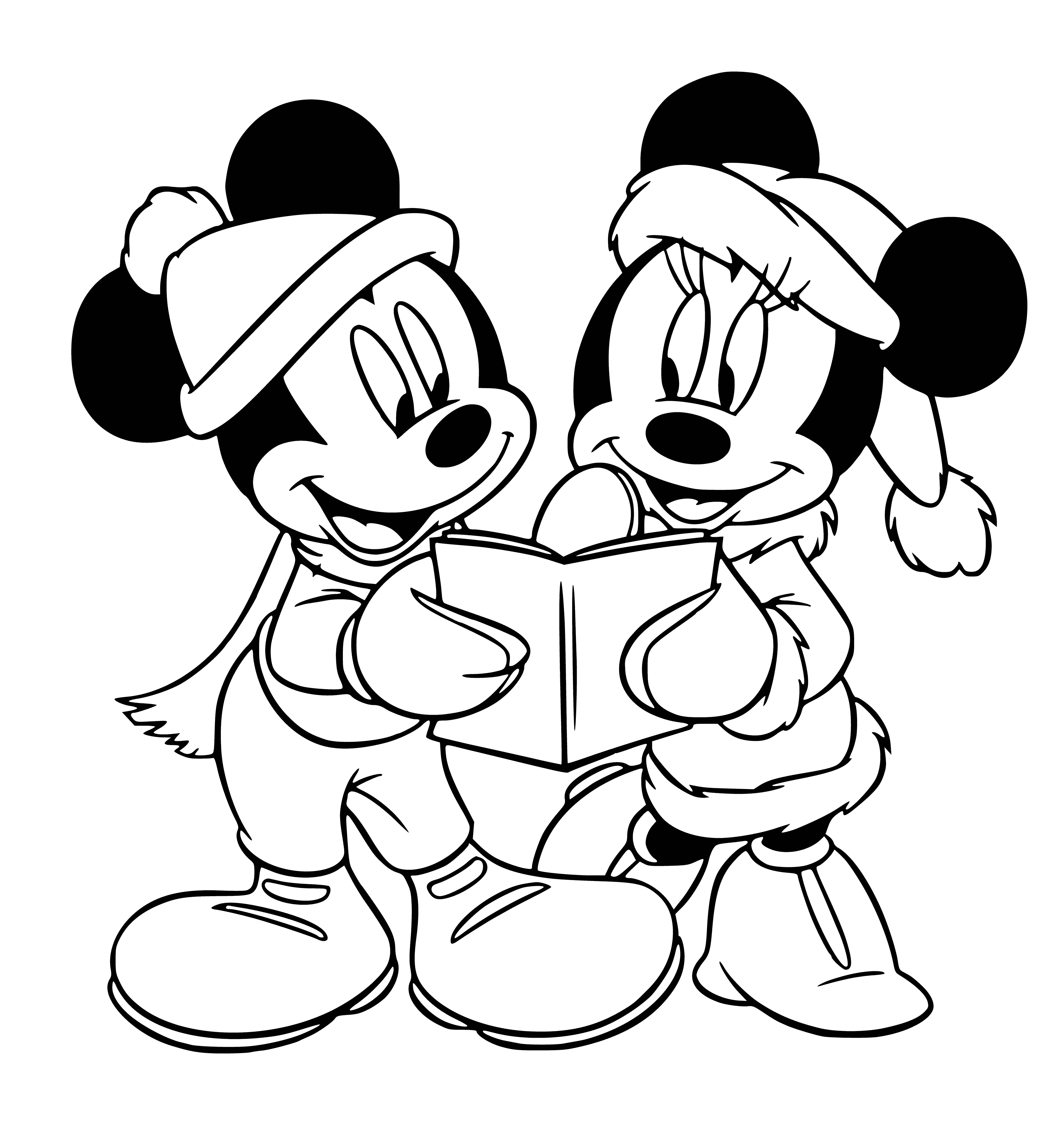 coloring page: Mini and Mickey Mouse are celebrating the New Year with festive hats and noisemakers- filled with joy and excitement!
