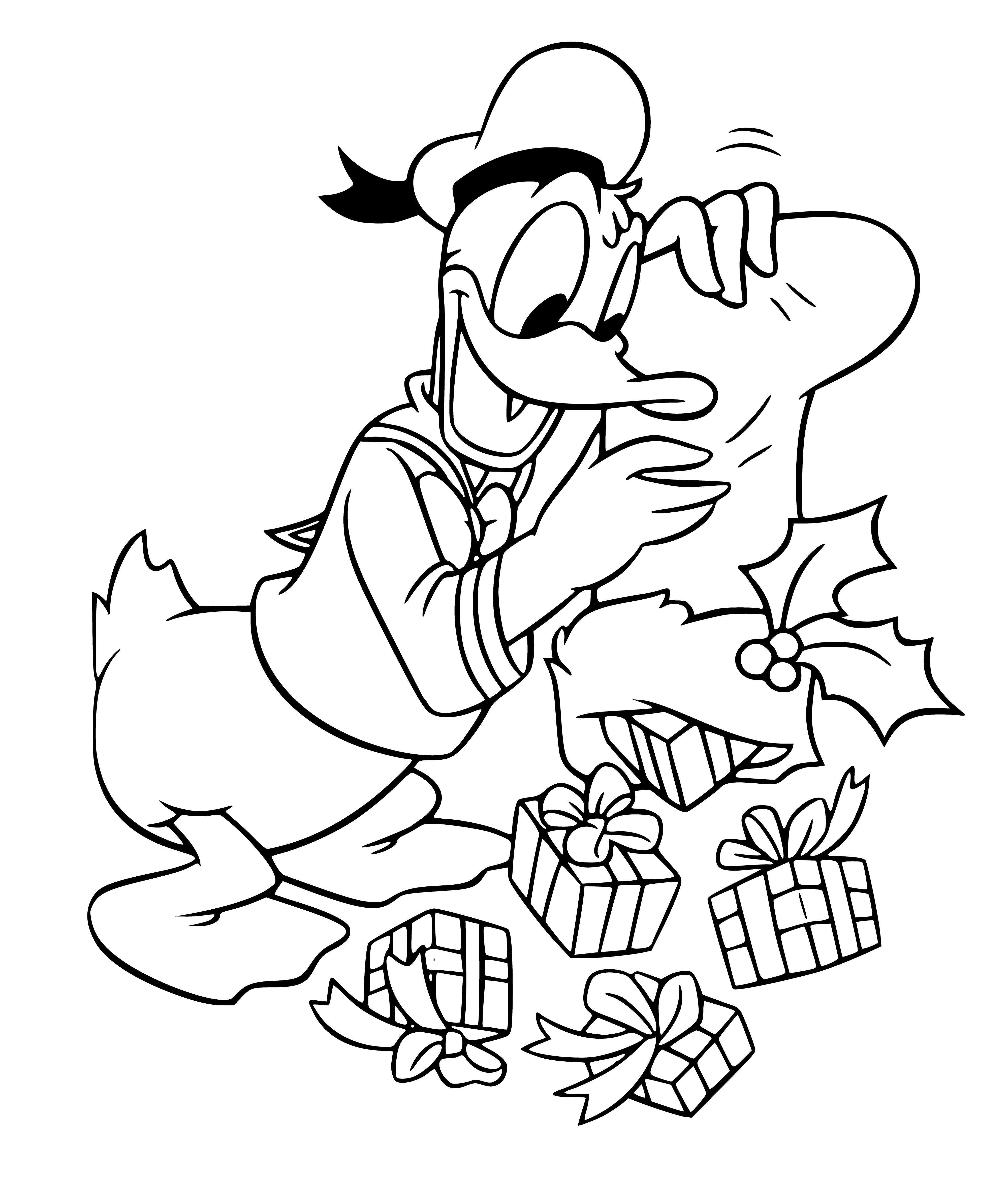 coloring page: Donald kneels before a twinkling tree, gifts piled around him, a big smile to share the holiday joy.