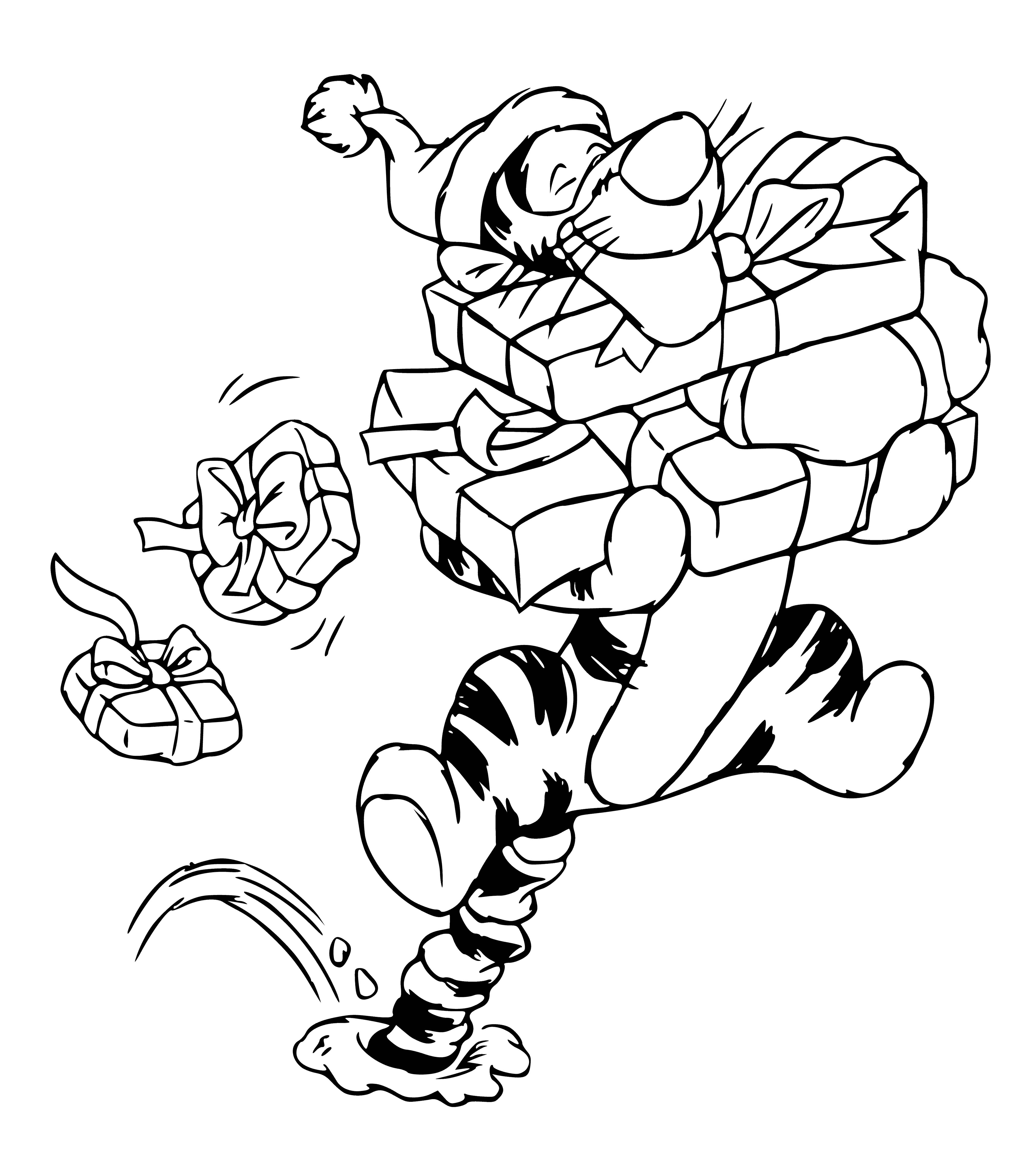 coloring page: Disney characters ringing in 2020! Tiger holds a noisemaker, wears a party hat and stands on a Happy New Year block.