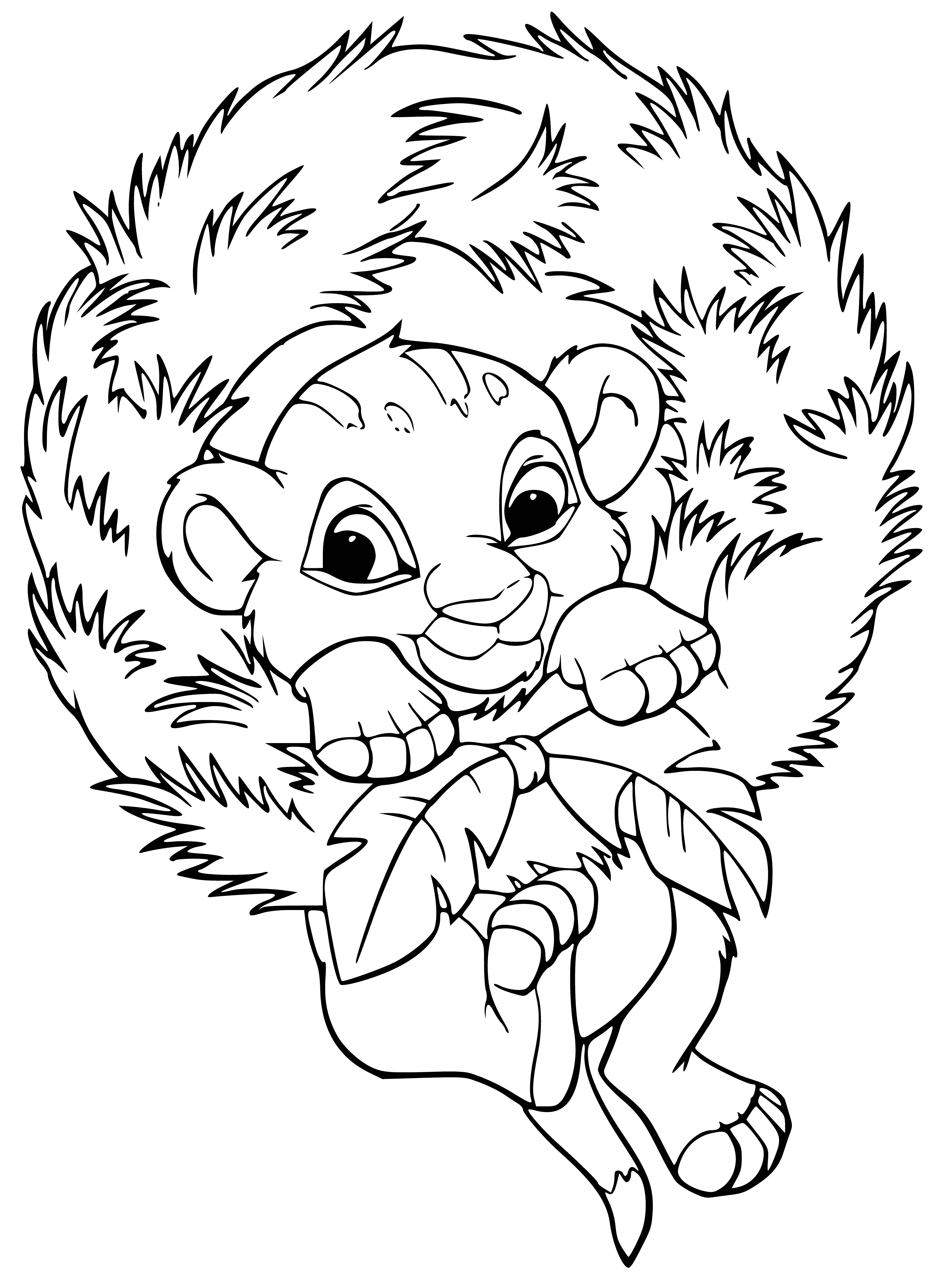 coloring page: Six Disney characters stand in a semi-circle celebrating the New Year, with fireworks going off at the top of a large tree.