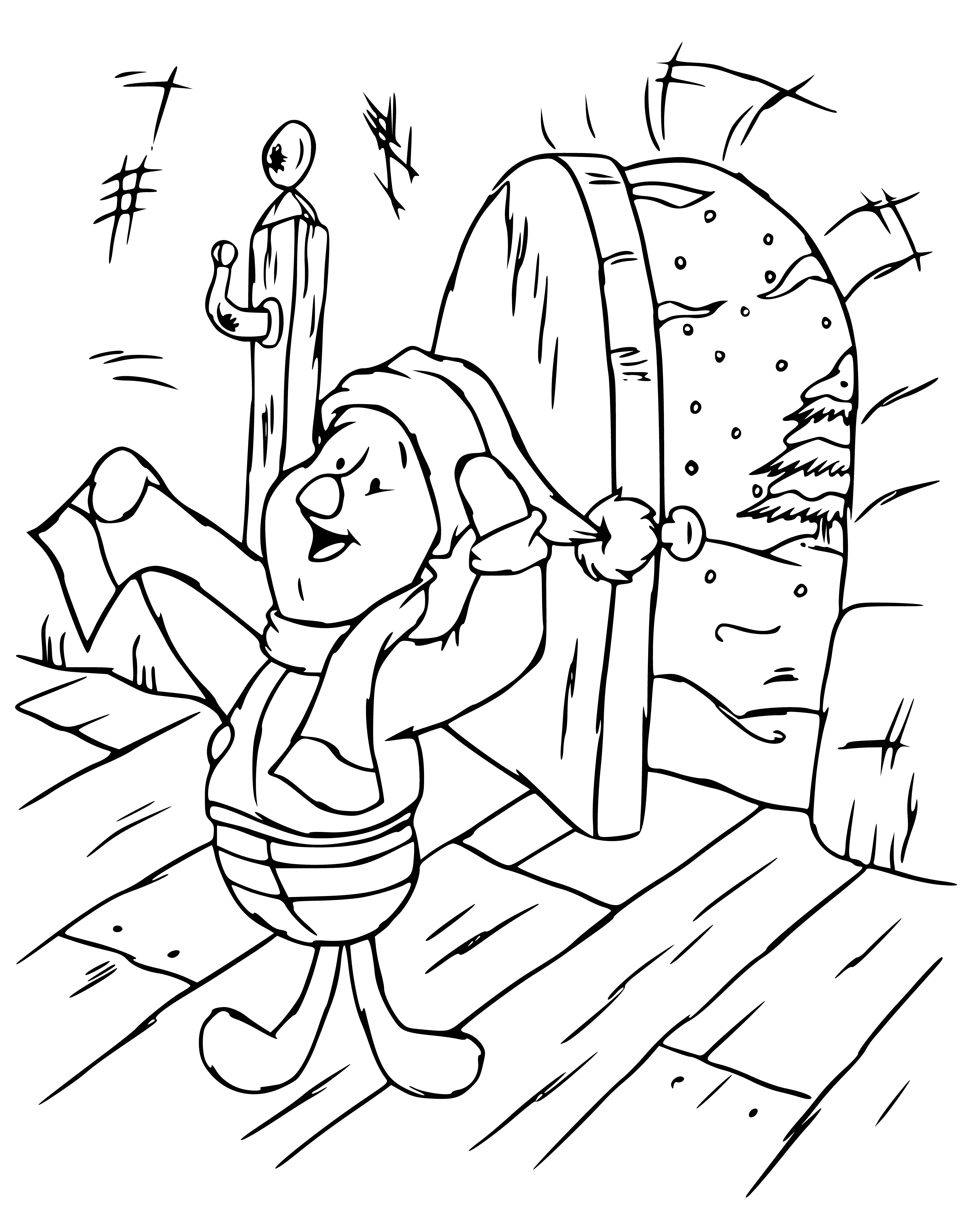 coloring page: Pig & Piglet celebrate New Year wearing party hats, holding noisemakers and in front of large clock reading "Happy New Year!"