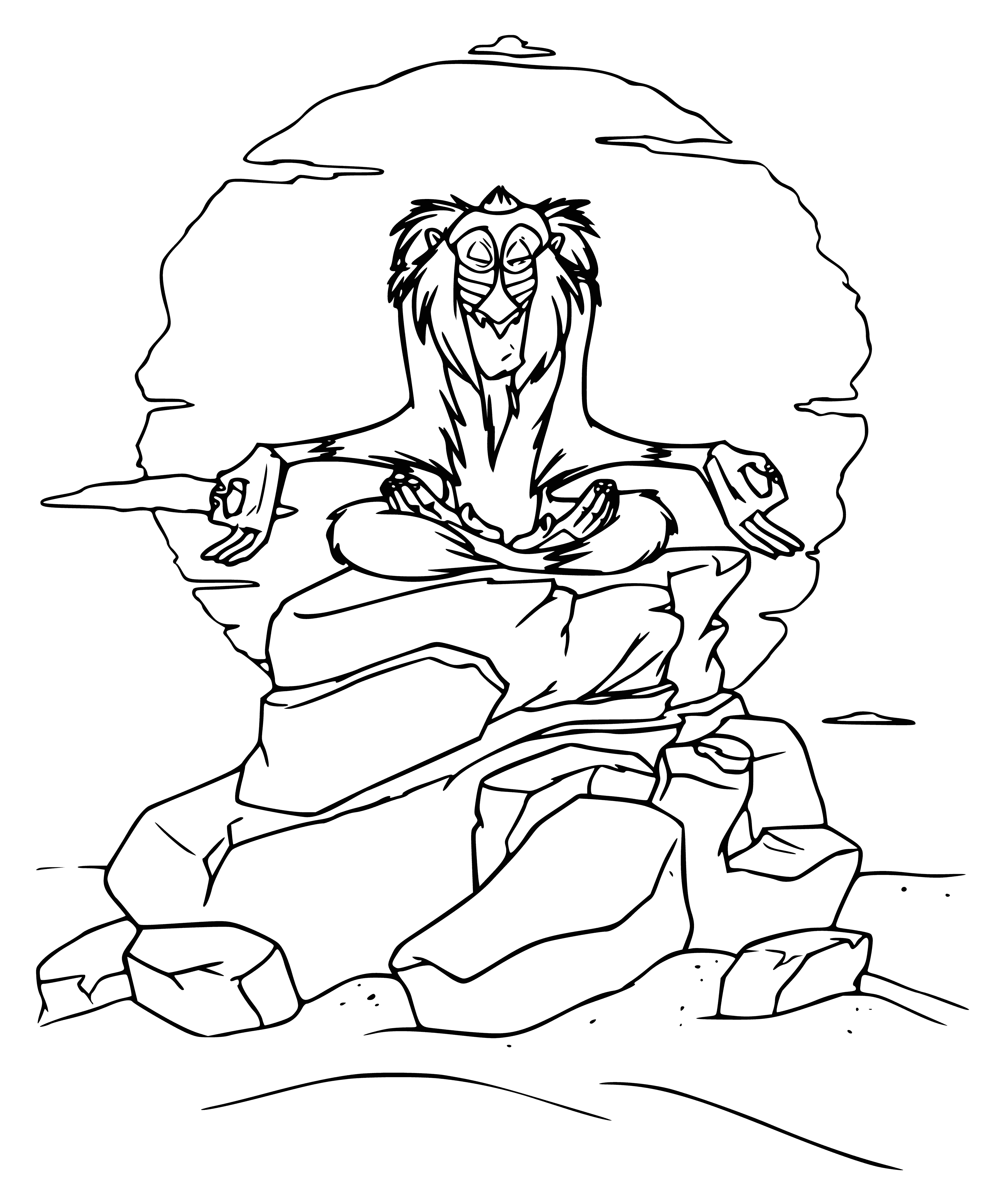coloring page: Rafiki, the proud lion, stands atop a rock at sunset, mane blowing in the wind. Beautiful!
