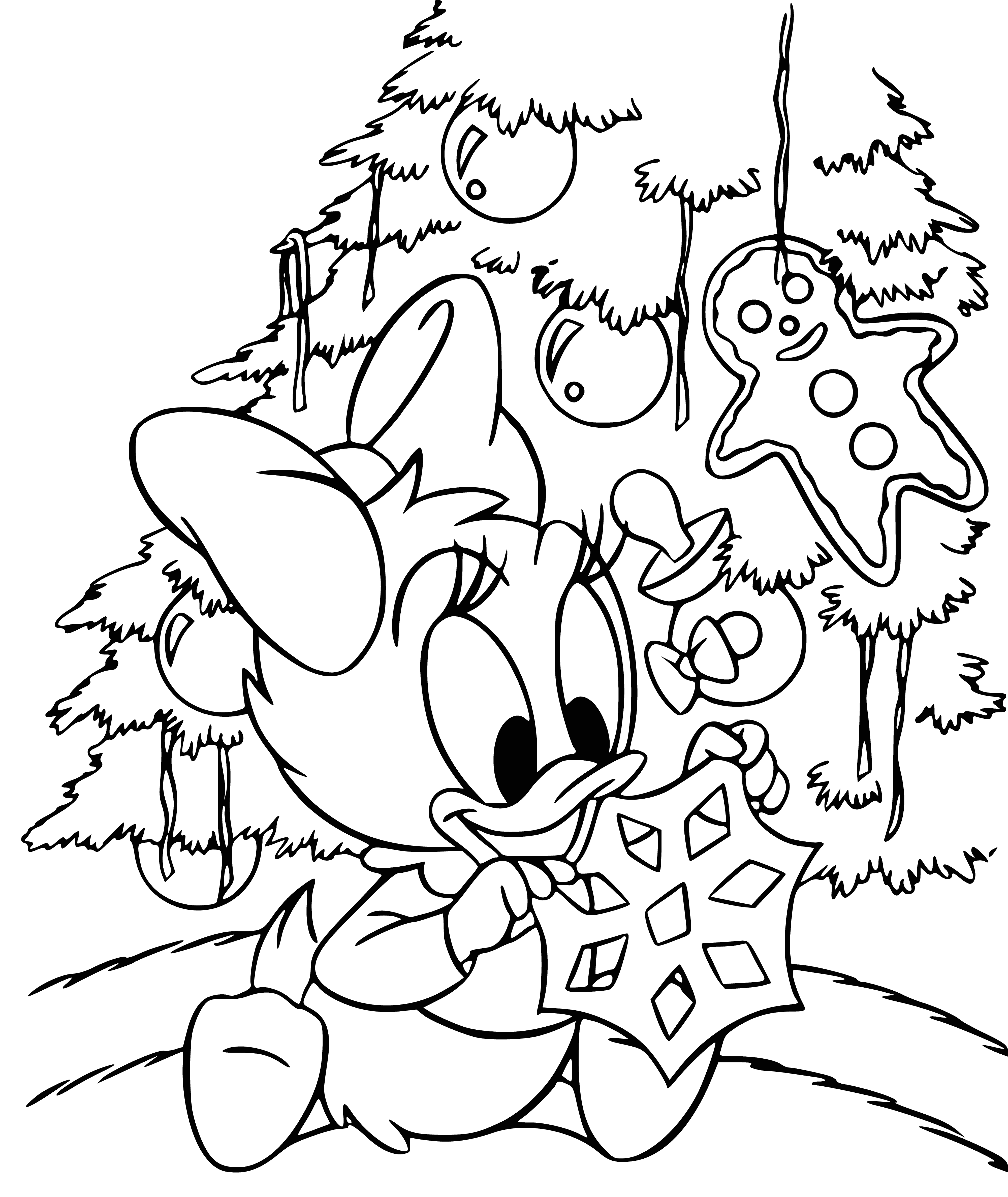 coloring page: Disney characters celebrate New Year together, dancing and cheering amid streamers, balloons & clock ticking to midnight!