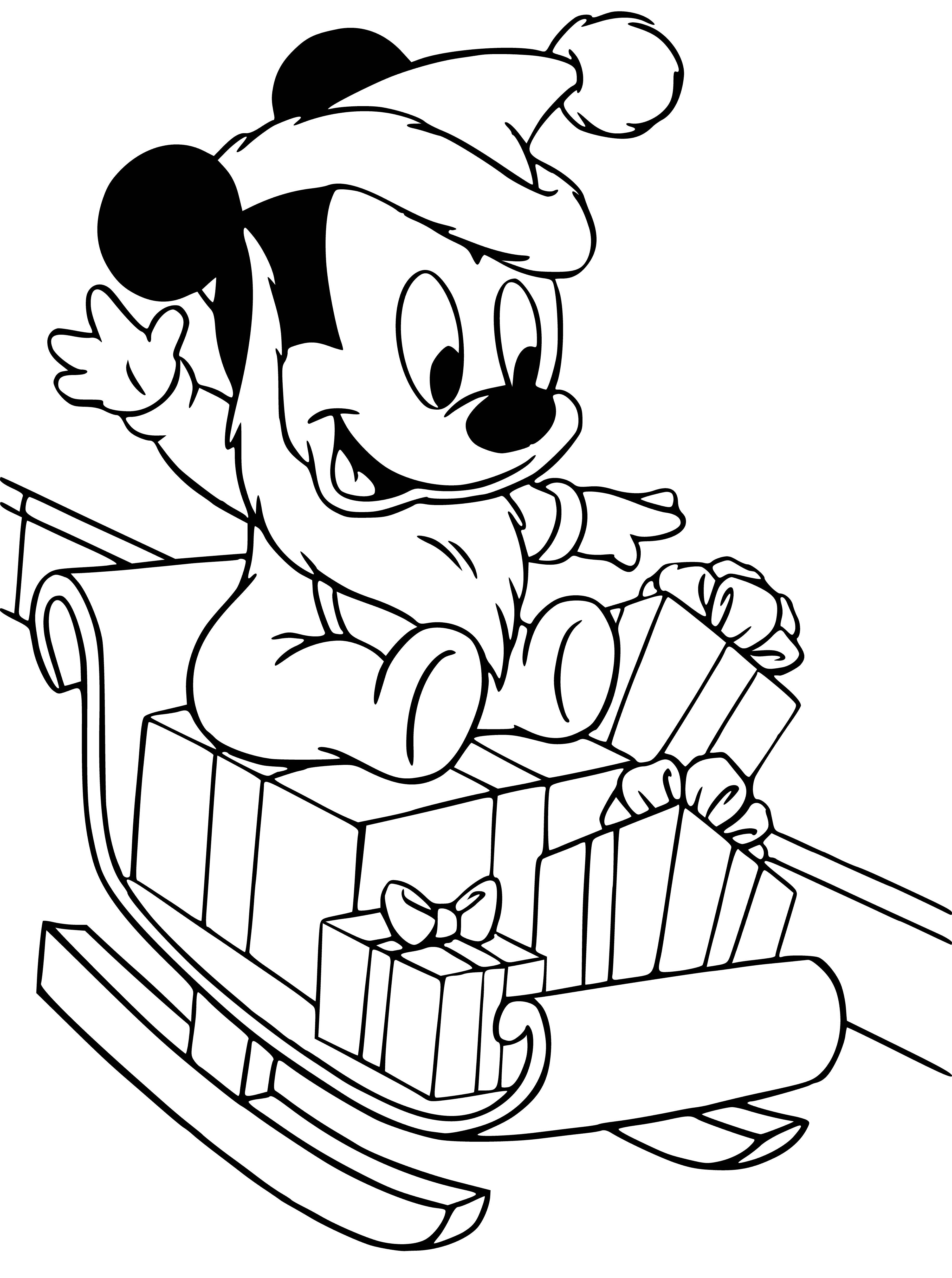 coloring page: Disney characters rejoice in a colorful scene, wishing a Happy New Year! Mickey, Donald, Goofy, Pluto, Chip & Dale all gather to celebrate.