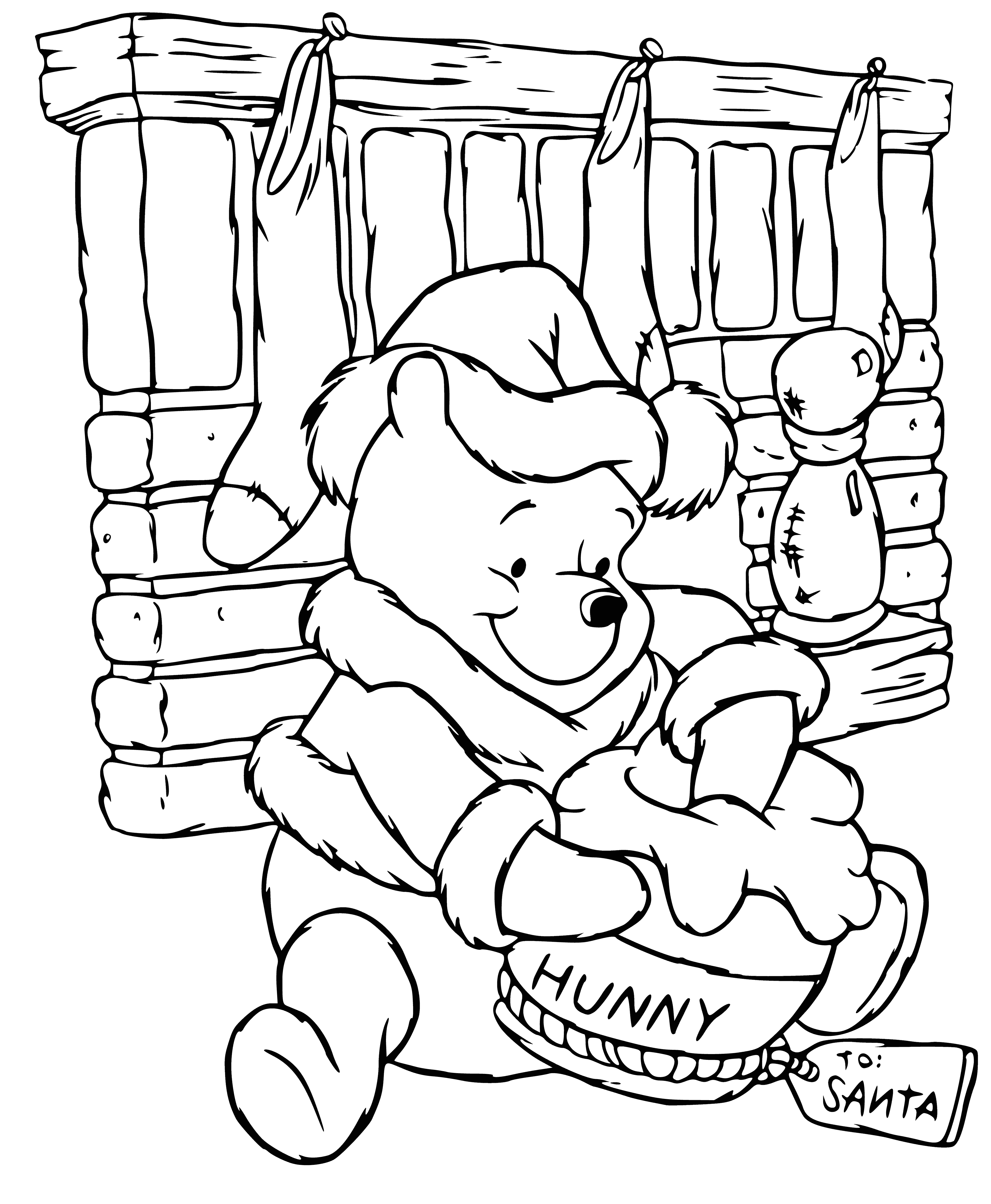 coloring page: Winnie & Disney pals cheer & raise glasses of champagne to celebrate the New Year in front of the fireplace. Excitement in the air!