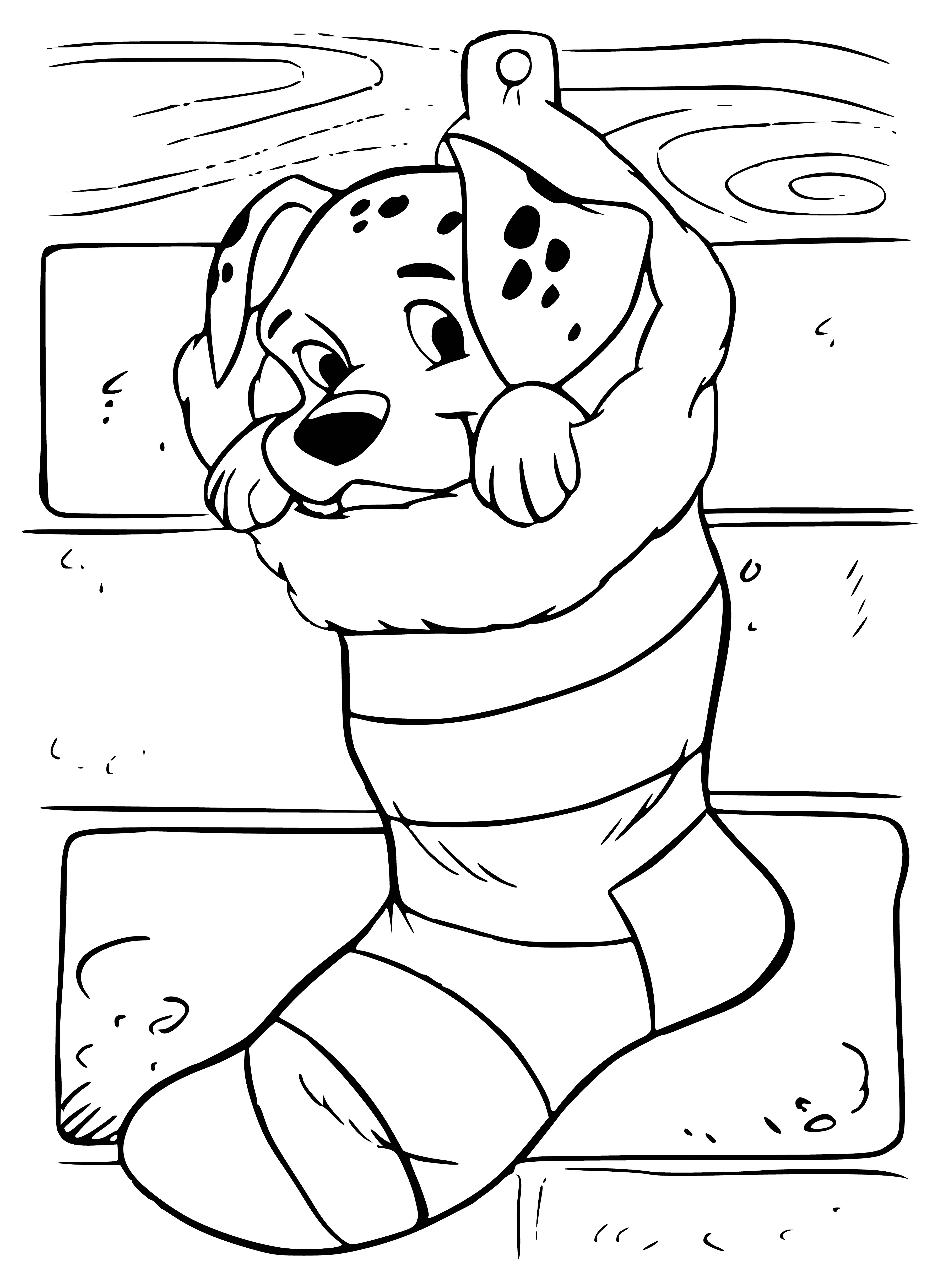 coloring page: Dalmatian running with party hat, horn, streamer in tail through confetti. #partypup