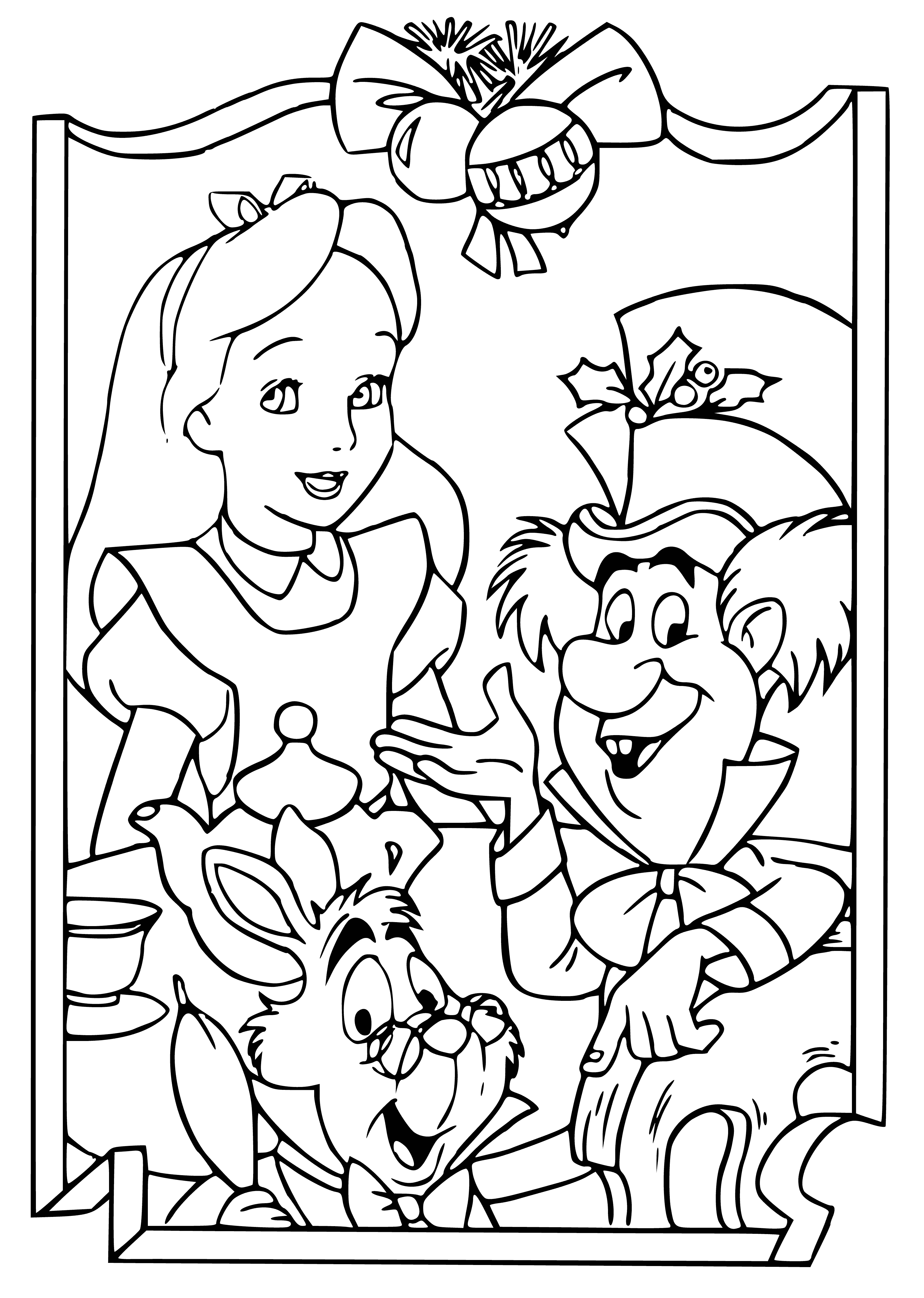 coloring page: Alice & her Disney friends celebrate New Year w/streamers & noisemakers. The White Rabbit, Mad Hatter, Cheshire Cat, Tweedledum & Tweedledee join in!