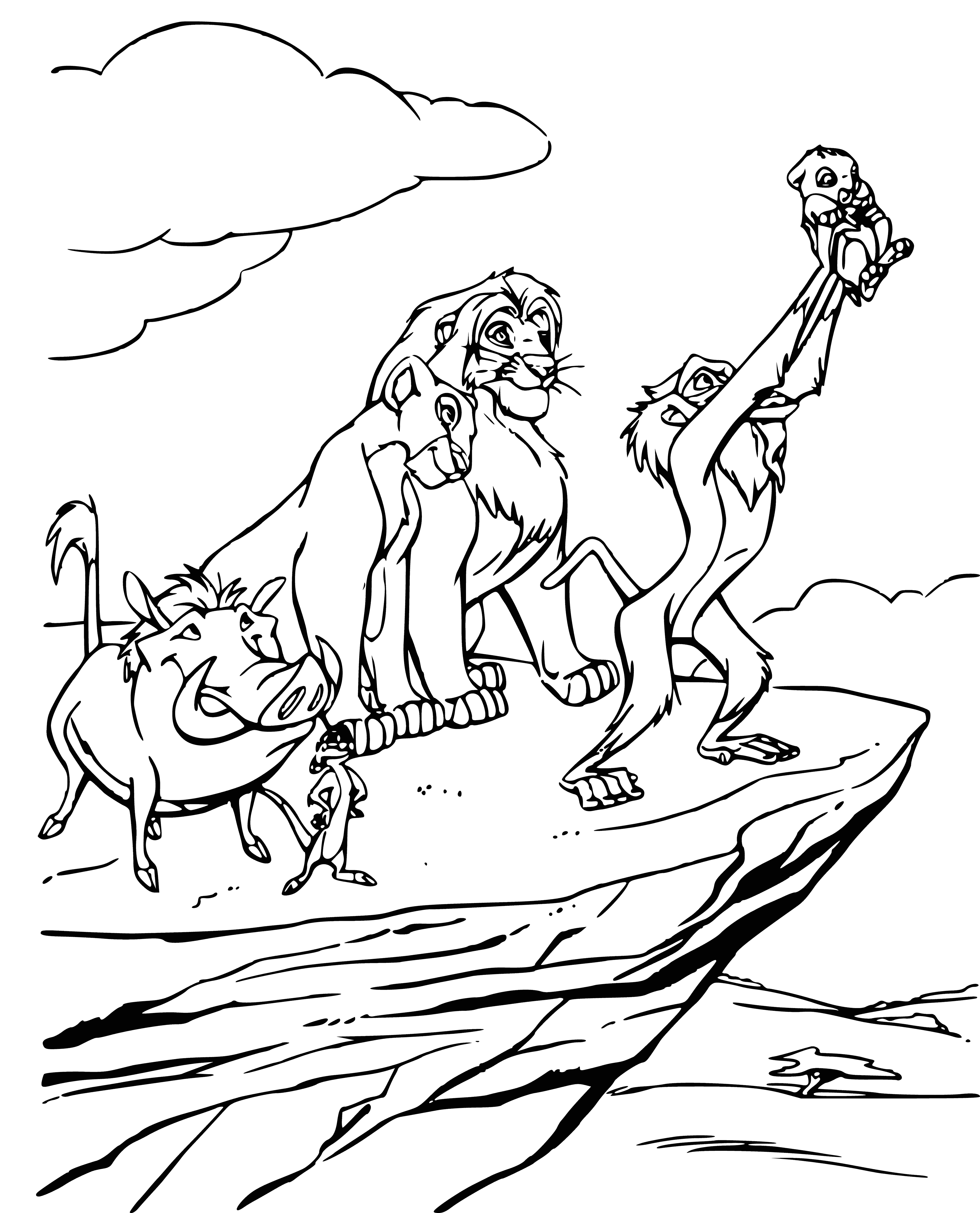 coloring page: The animal kingdom comes to welcome the birth of Simba, new heir to Mufasa and Sarabi.