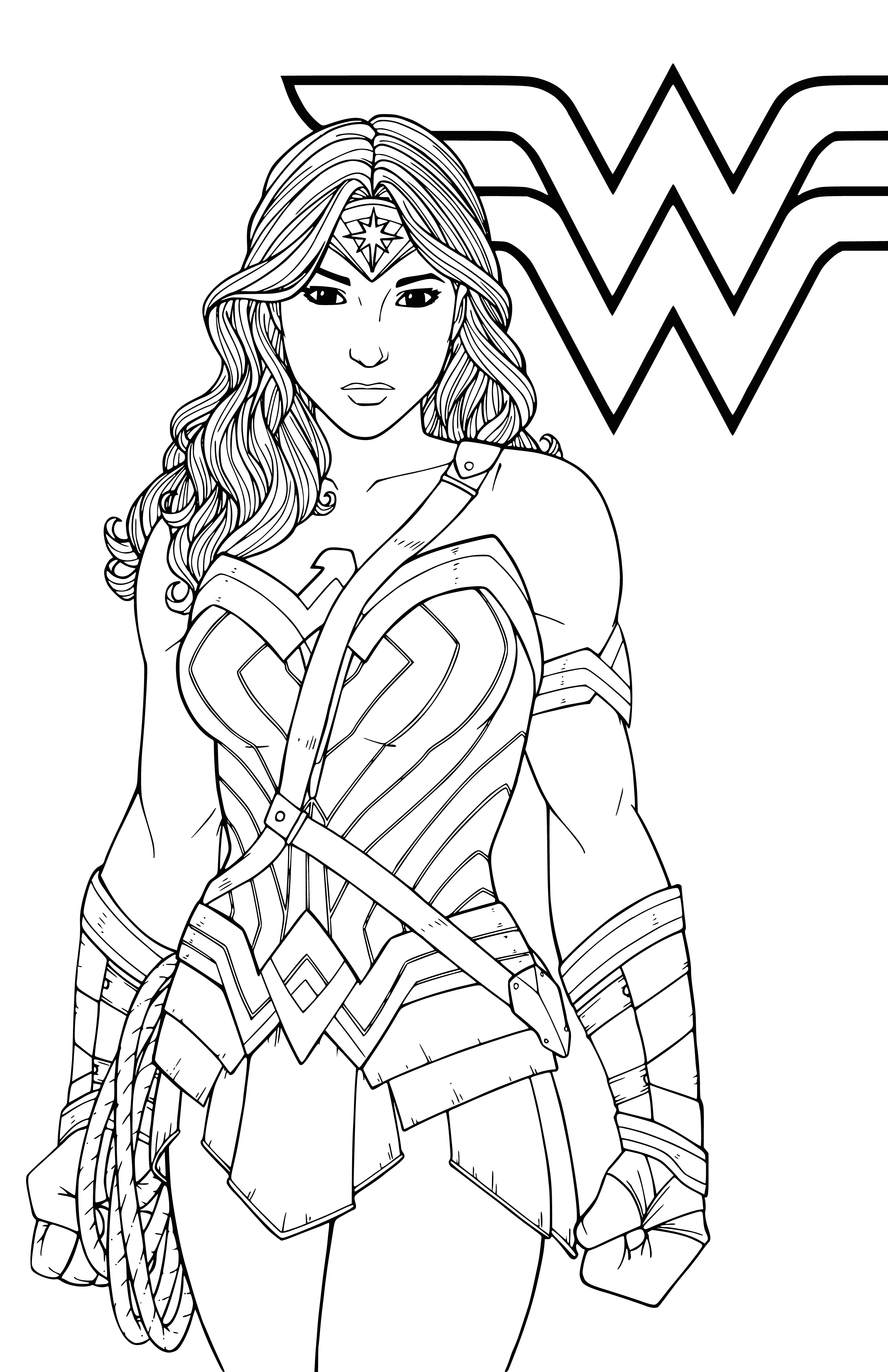 coloring page: She's Wonder Woman: a confident warrior for justice with a long dark mane, bright blue eyes, iconic suit, and lasso of truth.