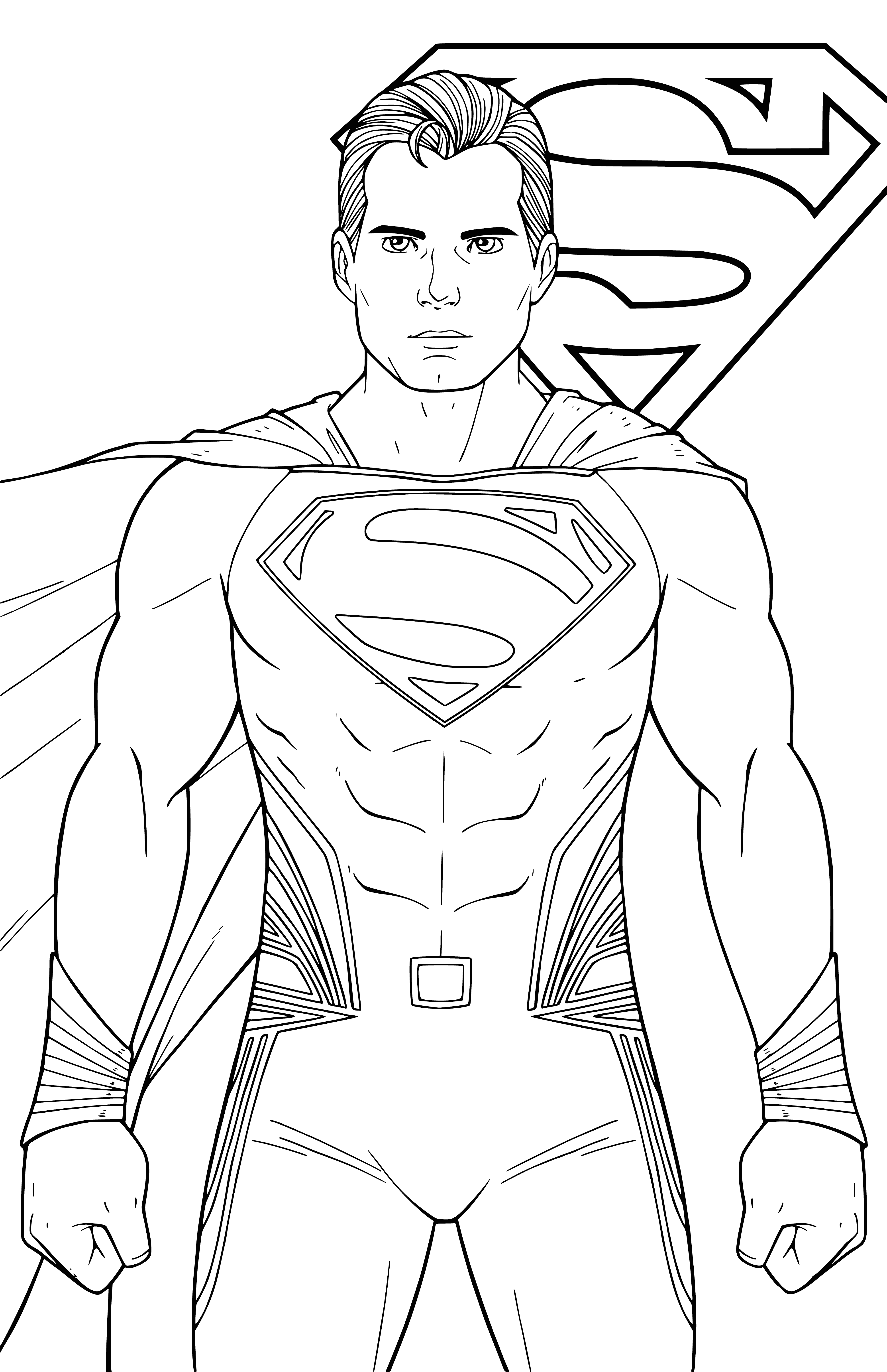 coloring page: Superman stands strong and powerful in the middle of a busy city street, ready to save the day as the world's greatest superhero.