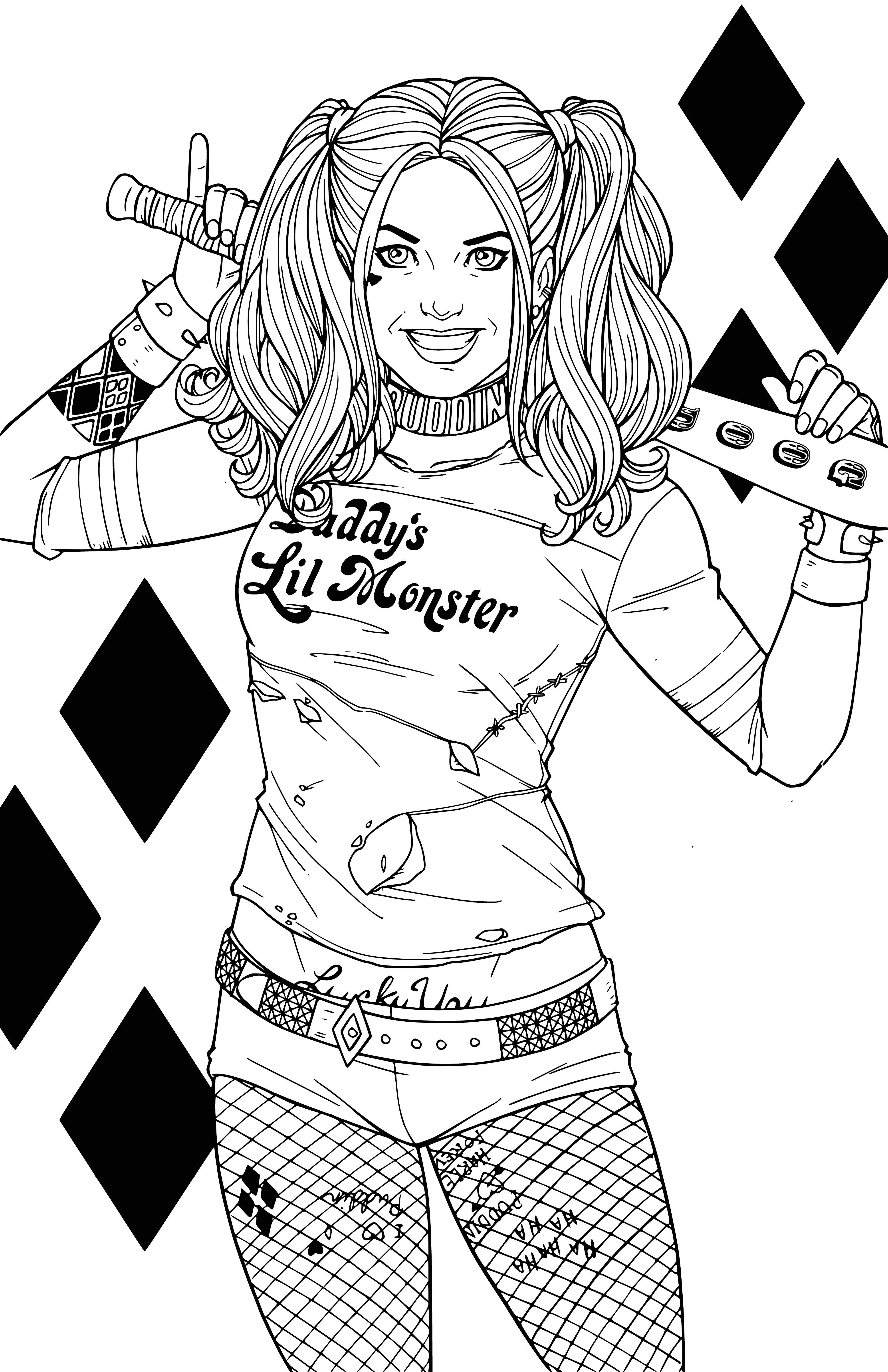coloring page: Harley Quinn is a DC supervillain, associated with the Joker but also able to team up with other villains. She is known for her brutal fighting and unstable personality, making her a feared opponent.