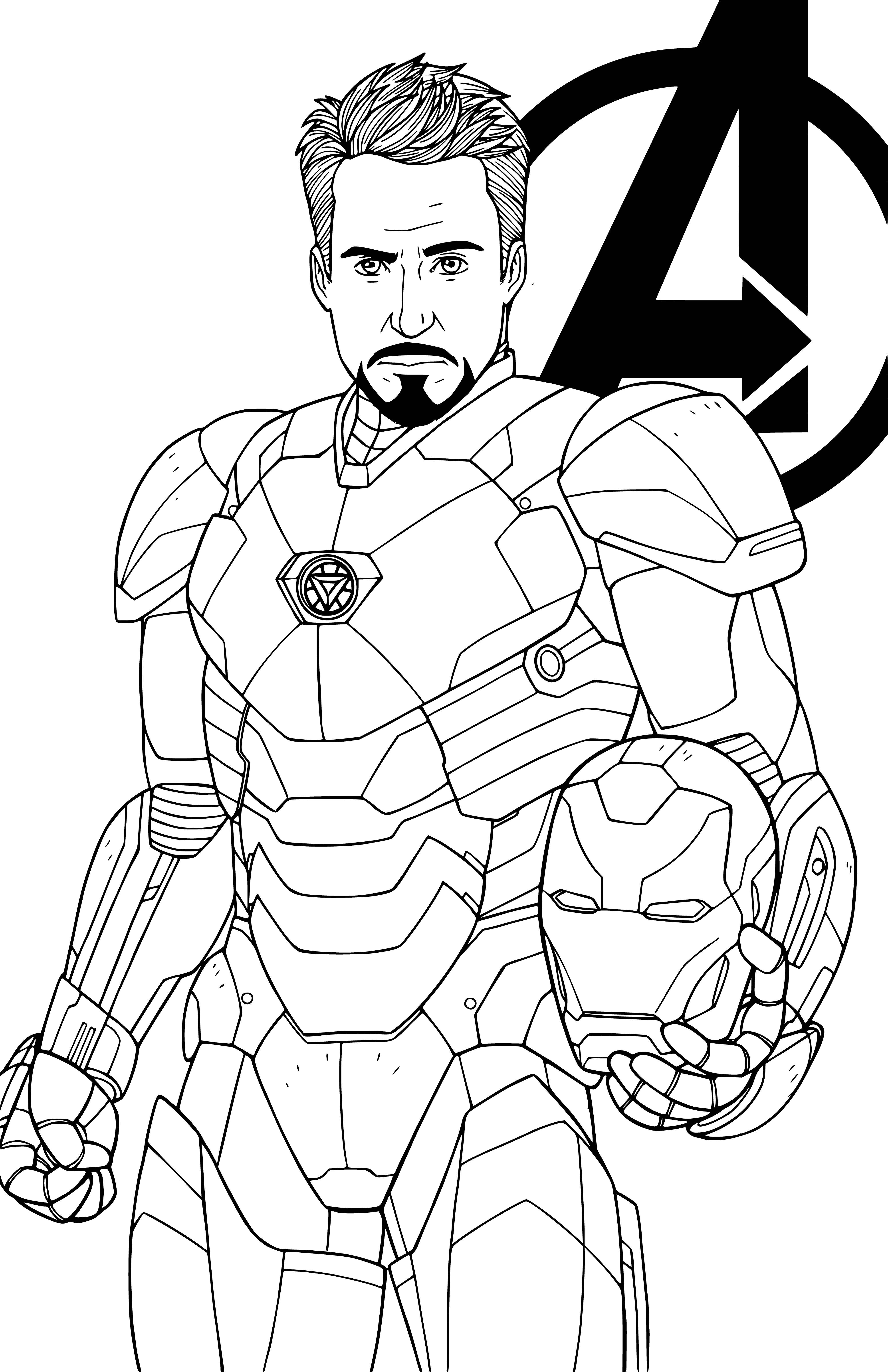 coloring page: Man in metal suit flying with jetpack, has rectangular shape on chest & circles around eyes.