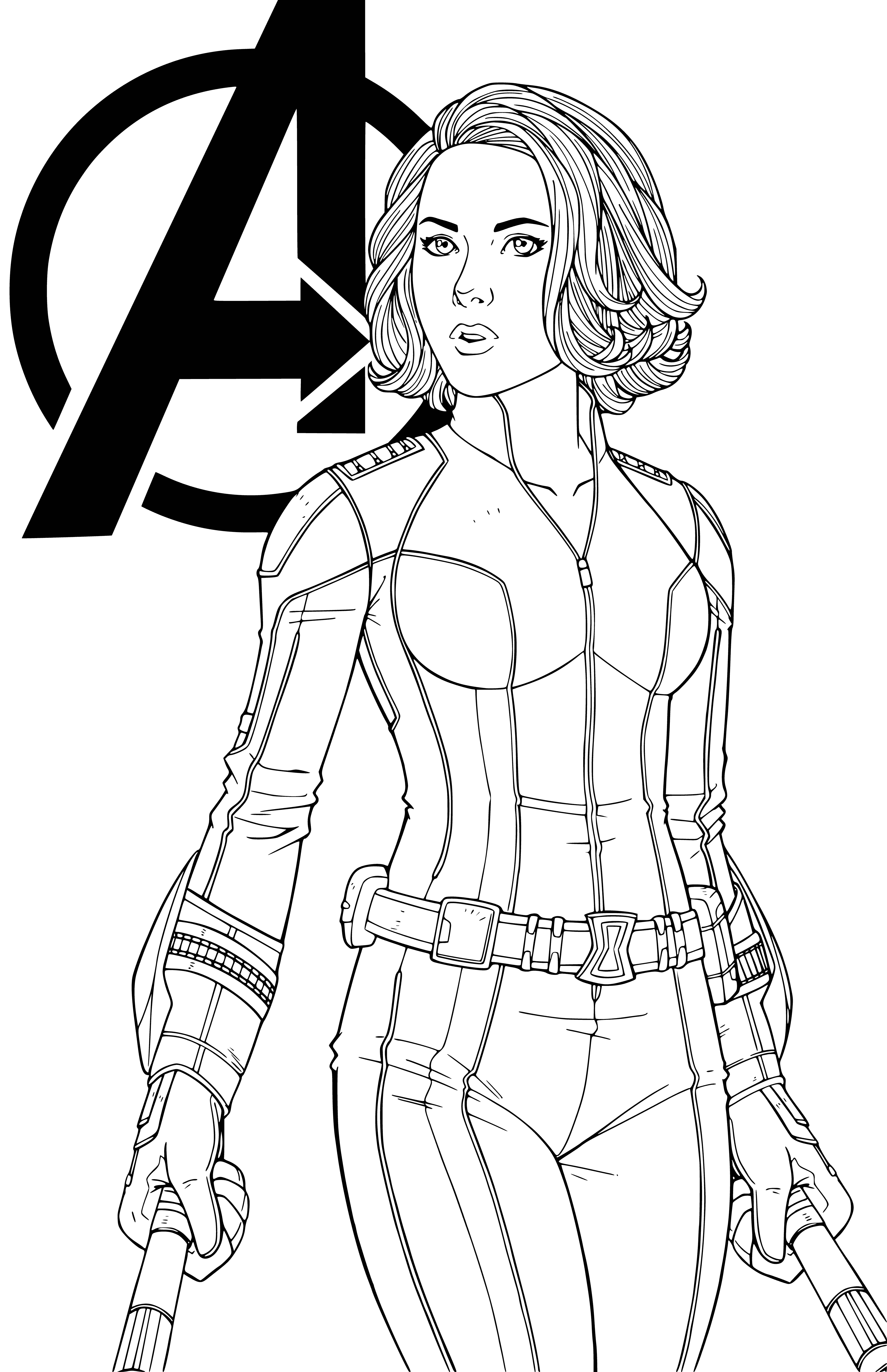 coloring page: Black Widow: female superhero with a black unitard, green hourglass, guns, black hair and green eyes.