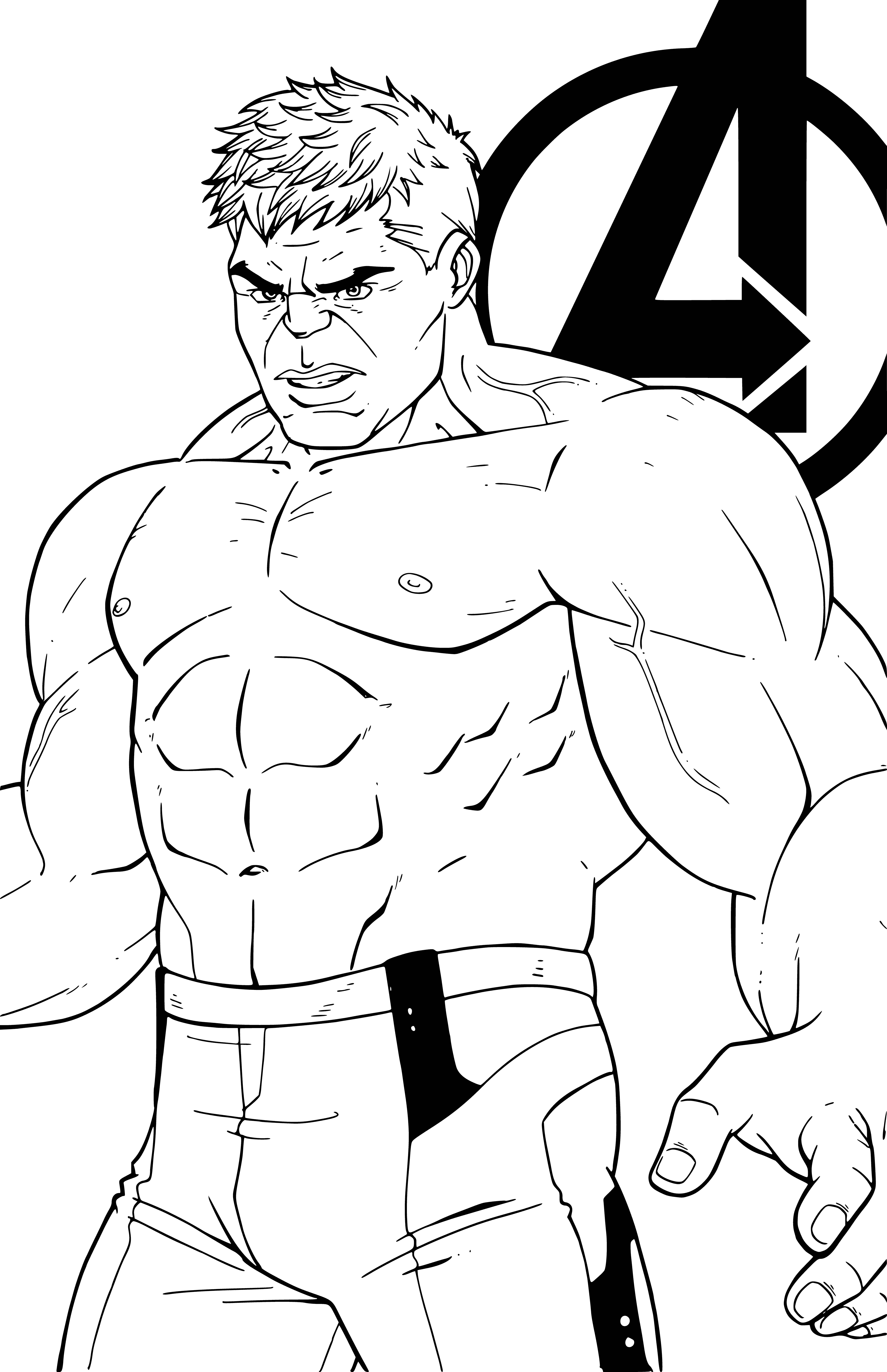 coloring page: Large, green, muscular man with torn purple pants & no shirt. Eyes angry, mouth open in roar, fists clenched.