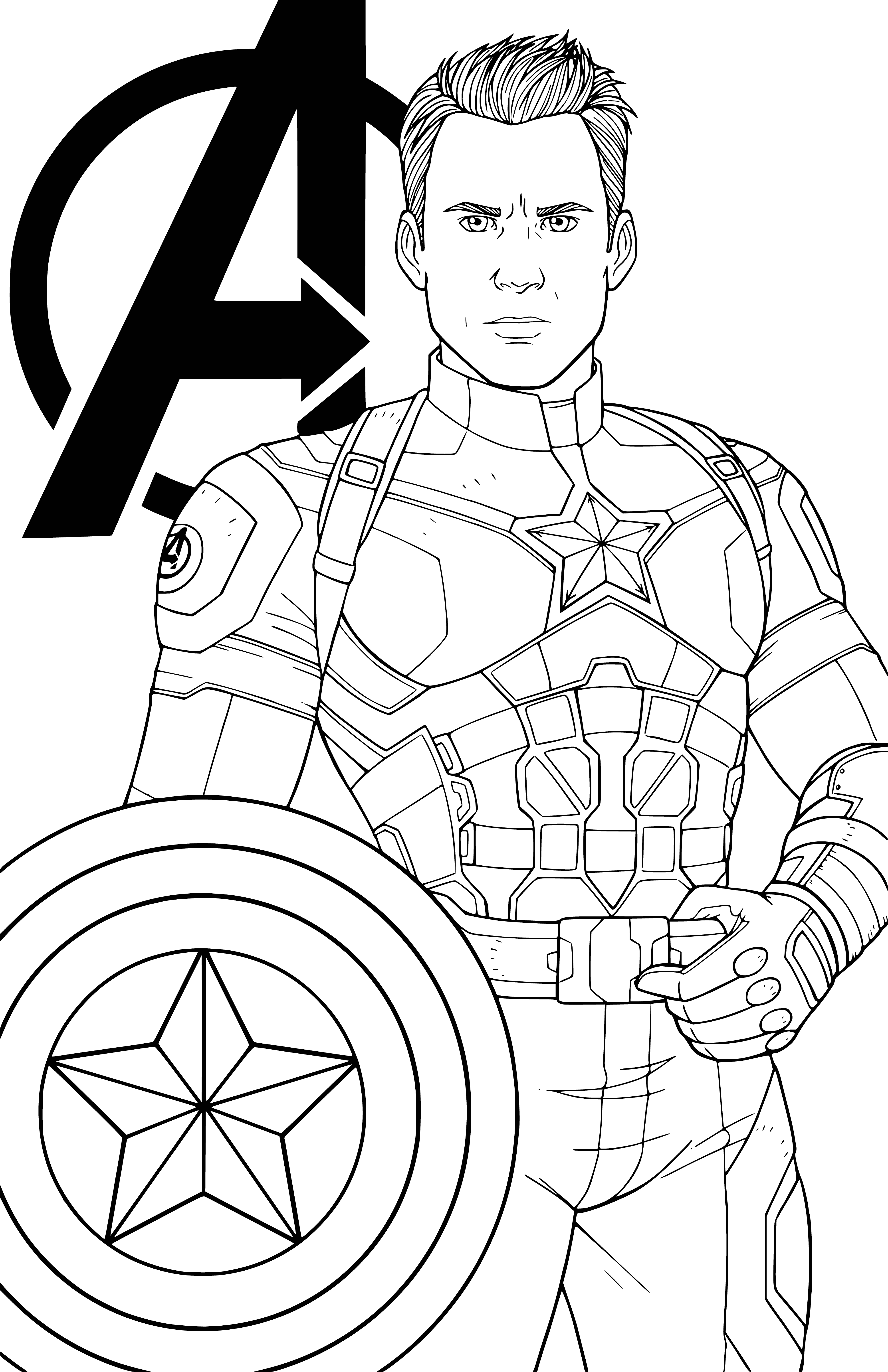 coloring page: Captain America: Tall, muscular superhero in Americanflag-inspired armor wielding a large shield with a silver star. #Avengers