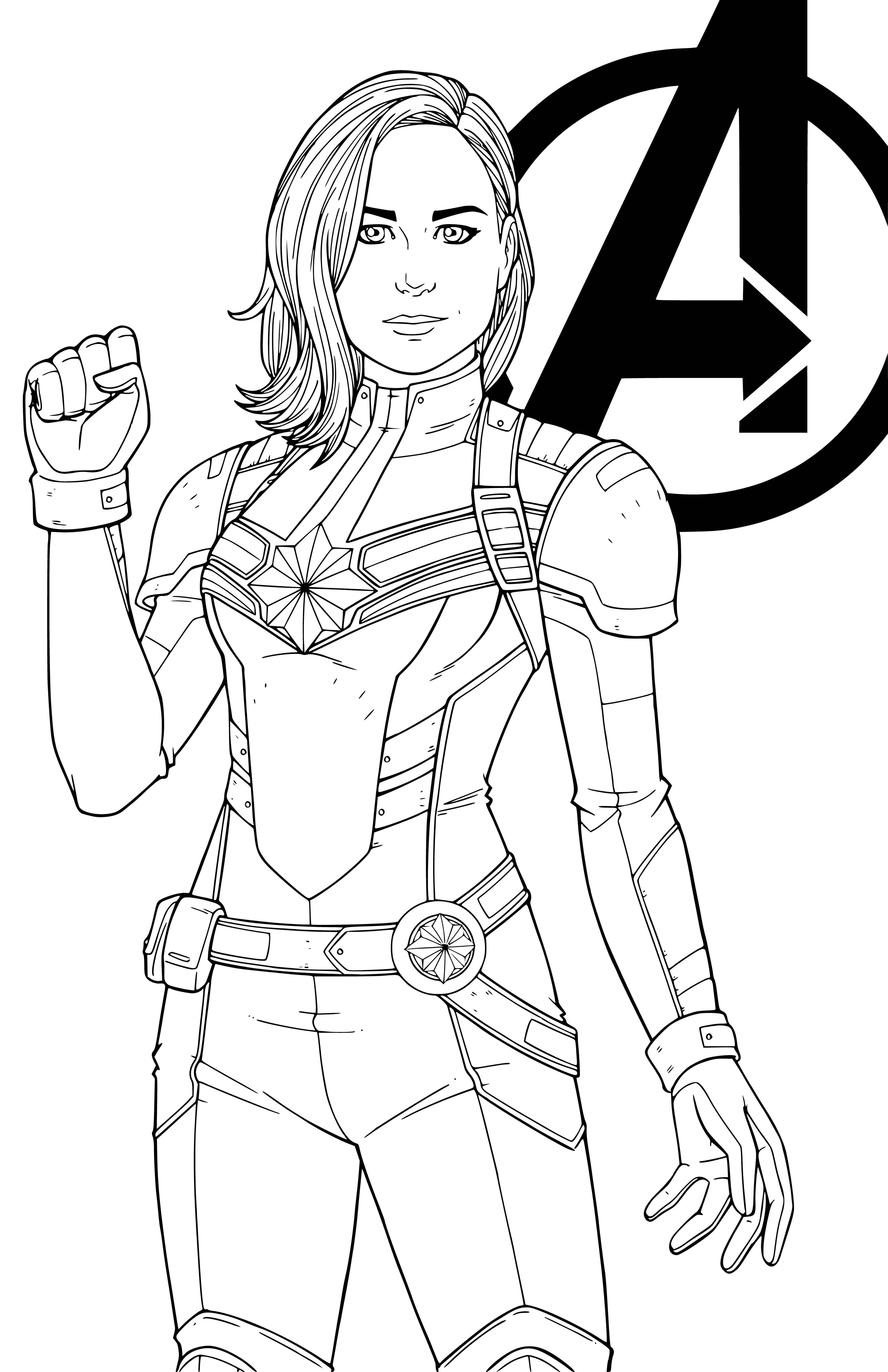 coloring page: Tall woman with red/yellow suit, cape & shield: Captain Marvel!